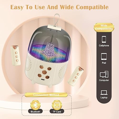 Miniatura 6 de Máquina portátil de karaoke Bluetooth y 2 micrófonos inalámbricos para niñas y niños con coro inalámbrico, luz ambiental, sonido estéreo 3D para