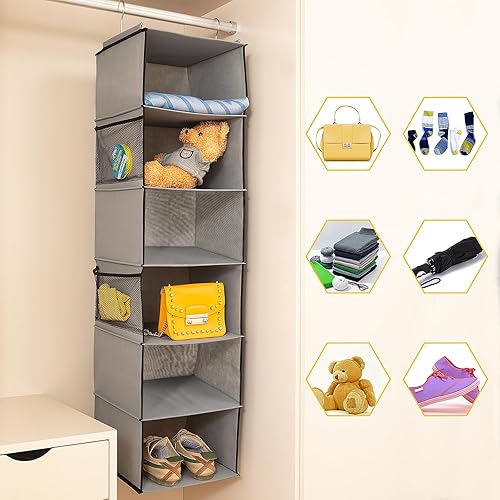 Miniatura 4 de Organizador colgante de armario con 6 estantes, 2 unidades de almacenamiento colgante con 4 bolsillos laterales para ropa y zapatos, 43.5 x 12 x 12