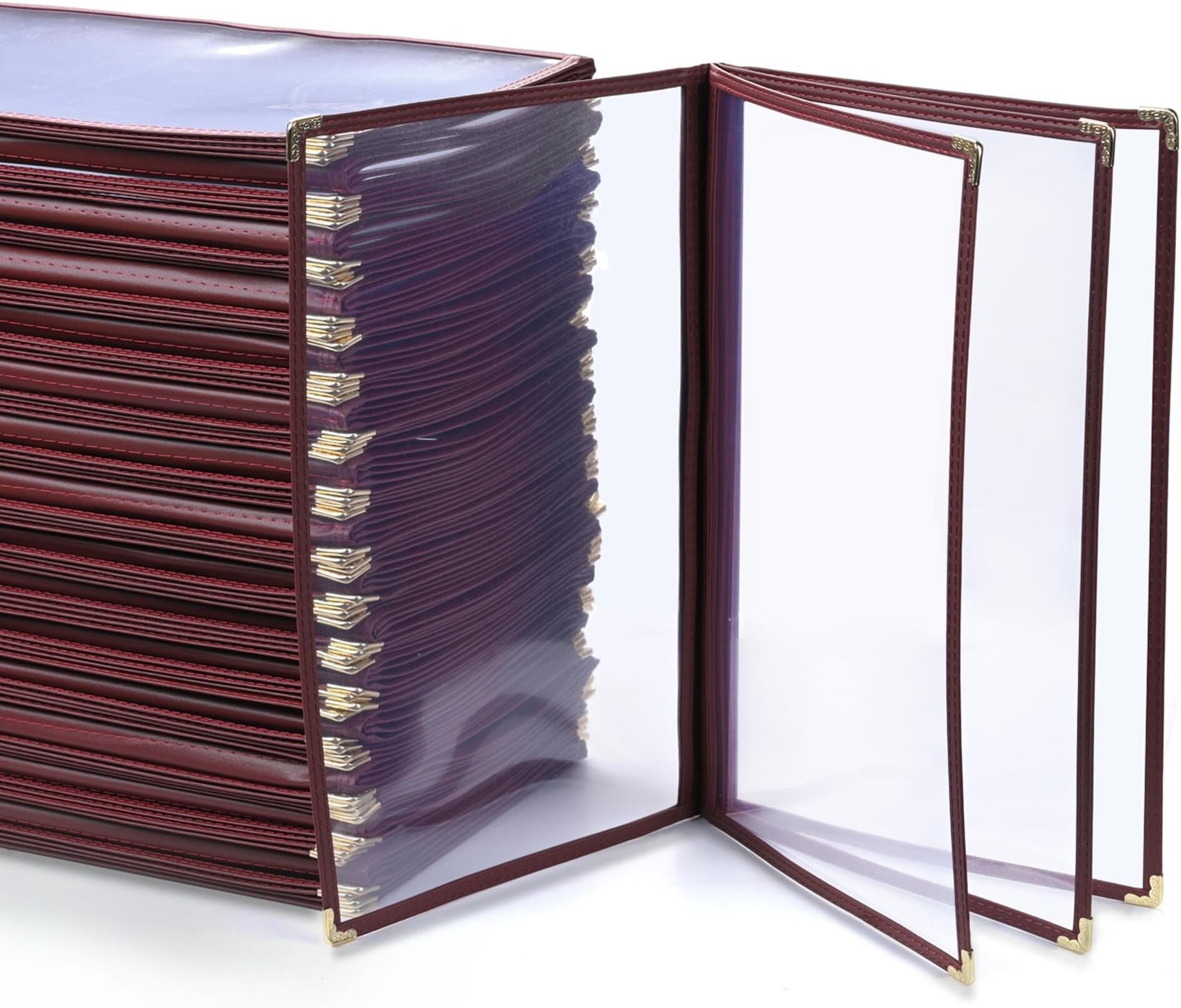 WeChef 30 Pack Restaurant Menu Covers 8.5 x 14" Book Style 4 Page 8 View PVC Transparent Double Stitch Menu Holder Book Cafe Hotel Bar Burgundy