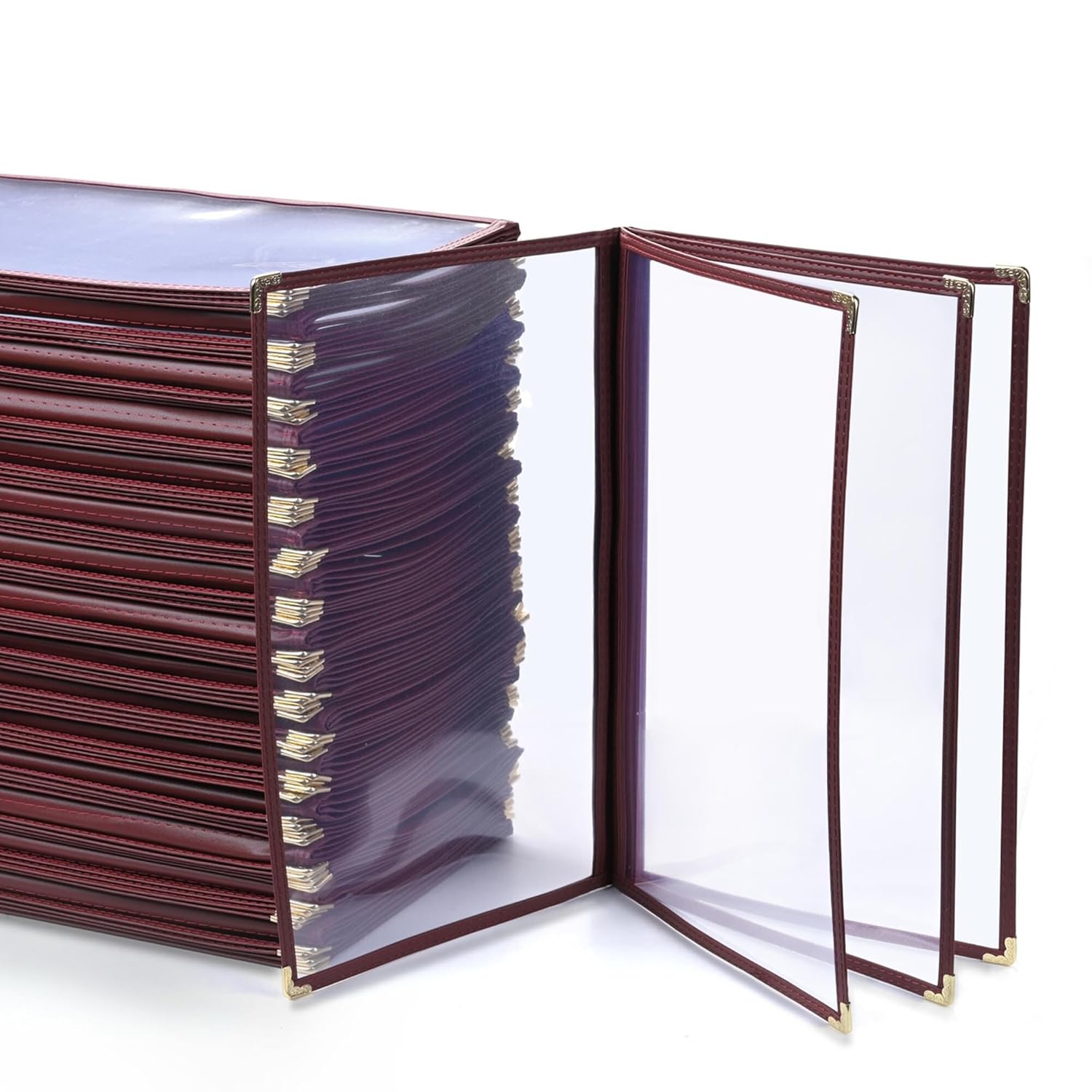 WeChef 30 Pack Restaurant Menu Covers 8.5 x 14" Book Style 4 Page 8 View PVC Transparent Double Stitch Menu Holder Book Cafe Hotel Bar Burgundy
