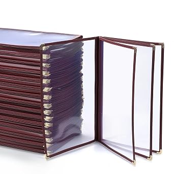 WeChef 30 Pack Restaurant Menu Covers 8.5 x 14" Book Style 4 Page 8 View PVC Transparent Double Stitch Menu Holder Book Cafe Hotel Bar Burgundy