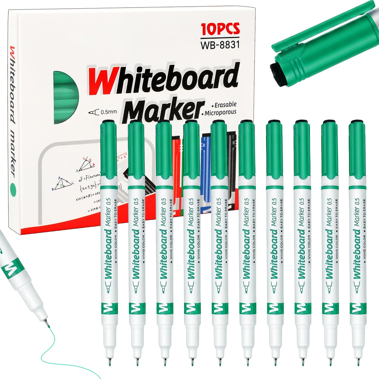 MOTIBACK Whiteboard Pens, 10 Pack Green Fine Tip 0.5mm Dry Erase Markers, Low-Odor White Board Pens Colour, Erasable Whiteboard Markers for Office — image 1