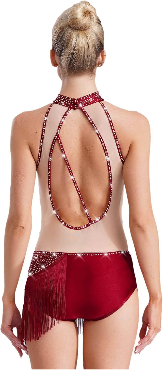 Womens Tassel Leotard Sleeveless Fringe Bodysuit Rhinestone Latin Jazz Performance Competition Costume