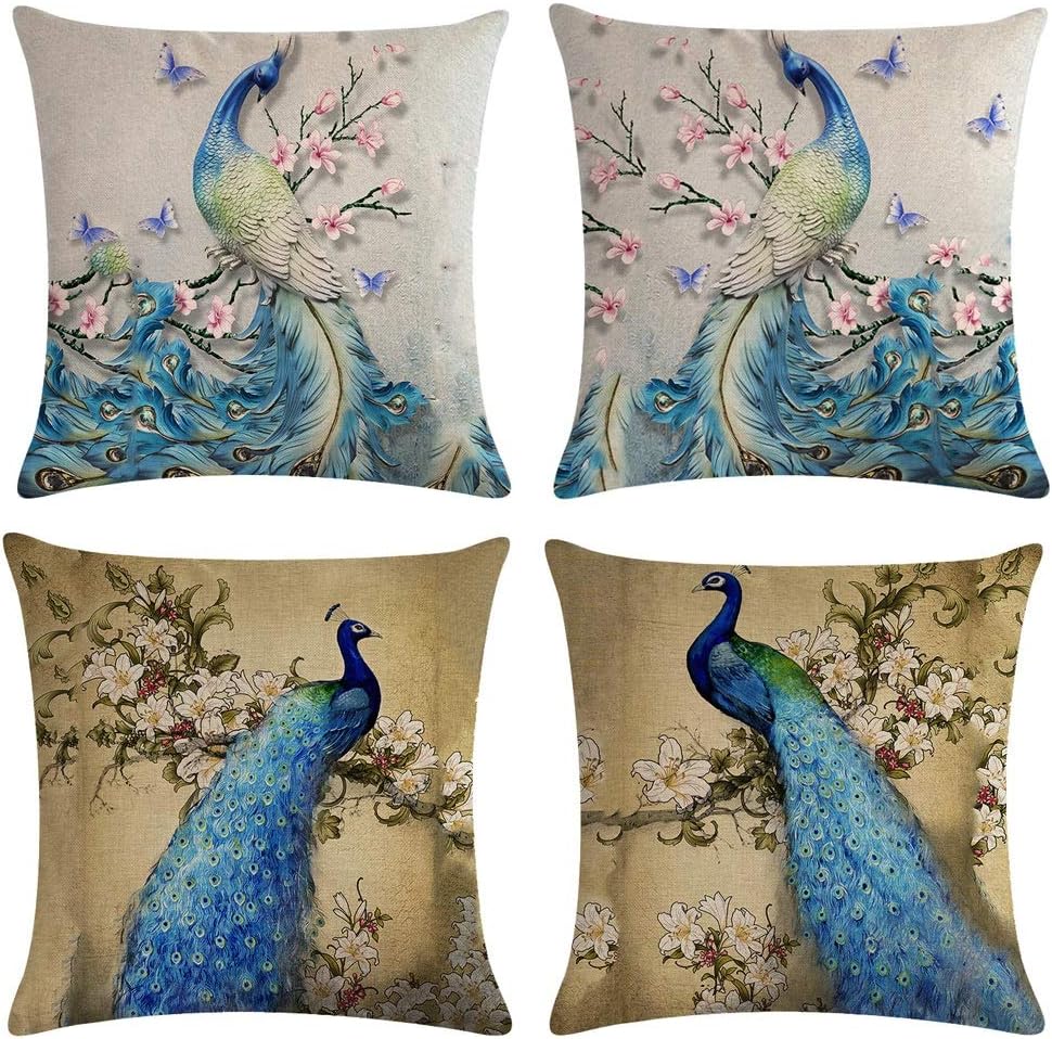 Peacock Feather Cushion Covers Square Decorative Pillow Covers Cotton Linen Peafowl Throw Pillow Covers Set of 4 Cushion Covers 18x18 inch, 4 Packs (Peacock)