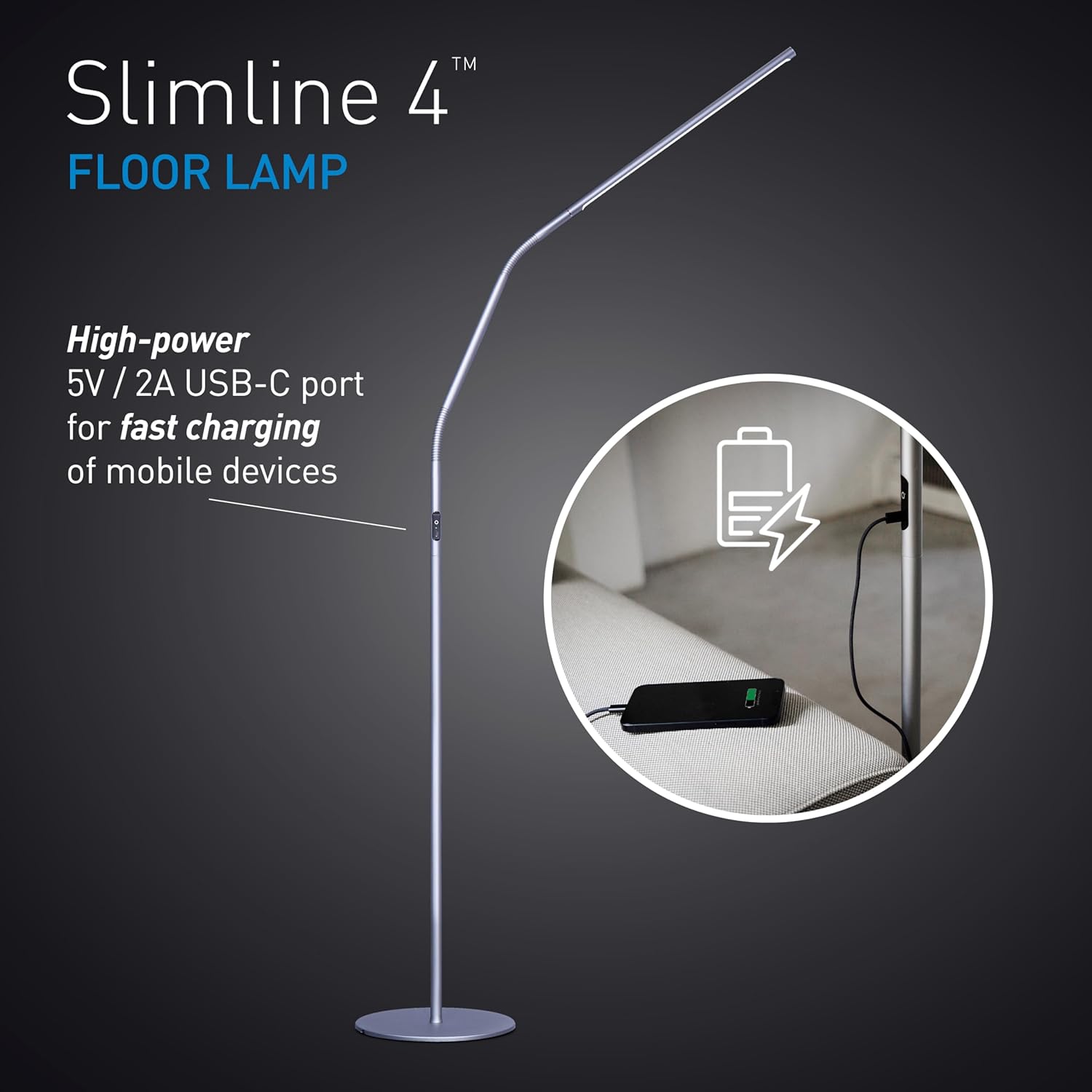 Daylight Slimline 4 LED Floor Lamp - 6,000K, 3,200 Lux, 4 Brightness Levels, USB-C Port for Fast Charging - Sleek Design, Anti-Glare Shade, Flexible Height Adjustment - Ice Grey