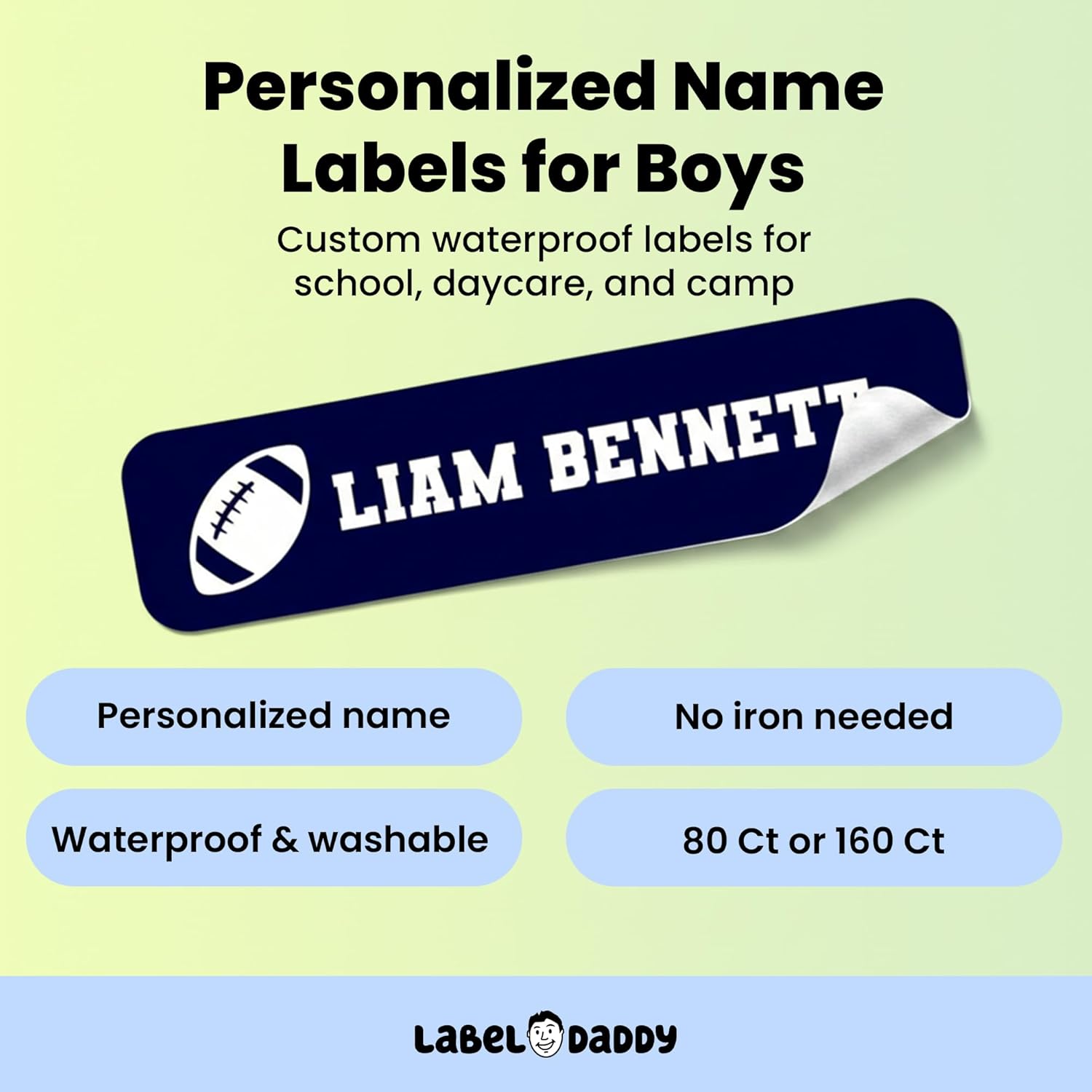 Label Daddy – Custom Small Sports Name Labels for Kids – Waterproof Personalized Labels for Shoes, Bottles, Lunch Boxes & School Supplies – Durable Peel-and-Stick Name Tags – Football Design - 80 Ct