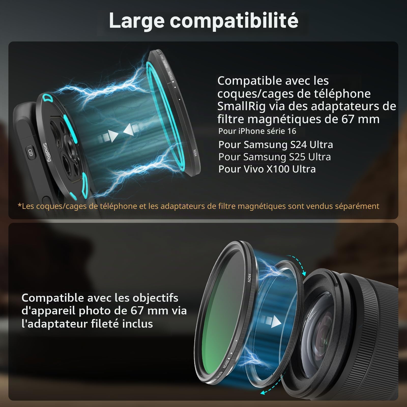 SMALLRIG Filtre VND Magnétique 67 mm ND64-ND400 (6-9 arrêts), Filtre ND Réglable pour iPhone 16/S24 Ultra/Vivo X100 et objectifs 67 mm, Verre Optique HD sans Croix X, avec Adaptateur fileté - 5169