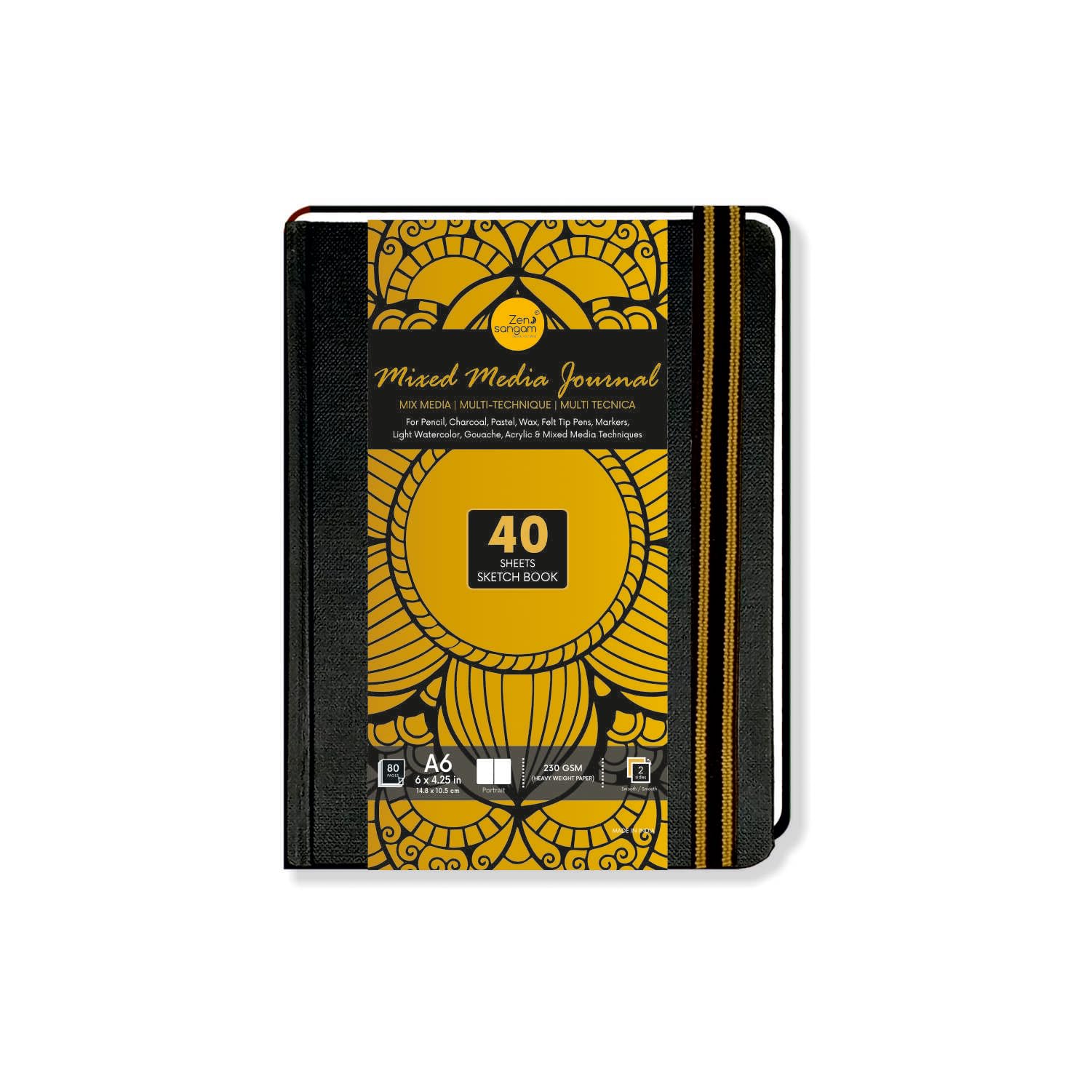 Zen Sangam - Portrait A6 Artists' 230GSM, (80 Pages) Mixed Media Art Journal - Sketch Book Stitched HardBound - Acid Free Cartridge Paper -Size (14.5cm x 11cm)-Pencils,Chalk,Oil Pastels,Crayons-Black-image-17