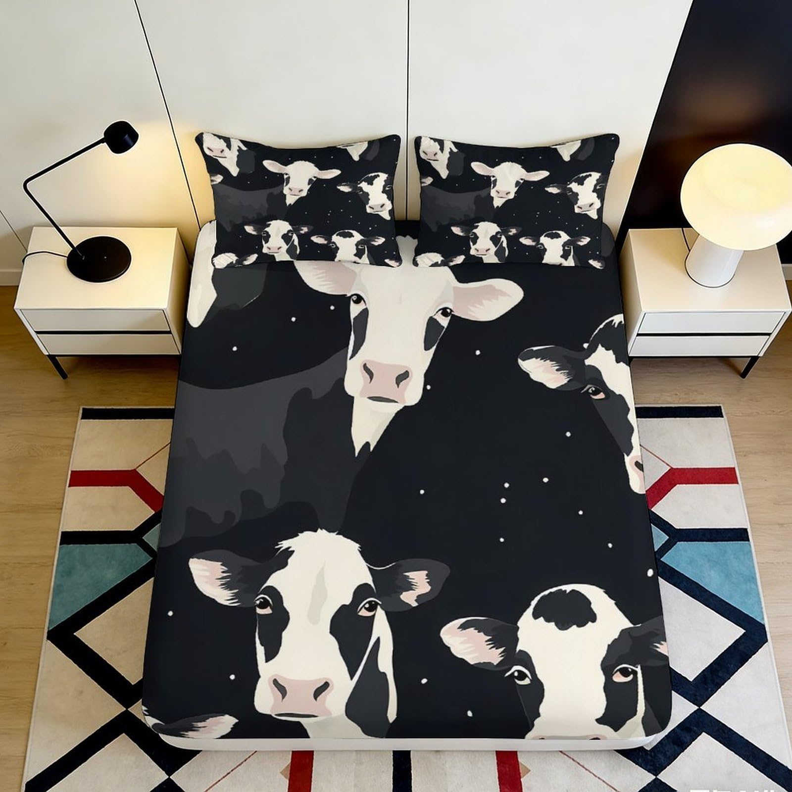 Cow Print 3D Printed Microfiber Fitted Sheet, Black White Bed Cover, soft touch, wrinkle resistant, guest room bedding 160x200x25cm