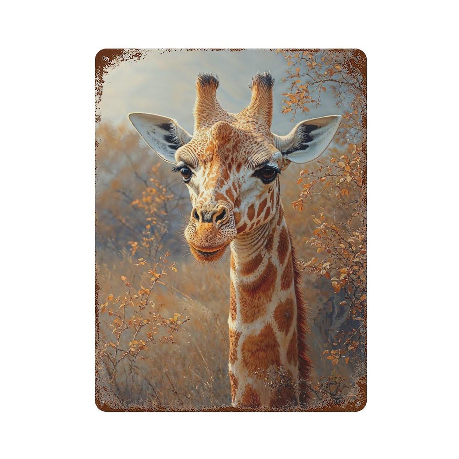 Giraffe Portrait in Autumnal Setting Rustic Tin Plaque 15.7"x11.8", Ideal for Shed, Workshop And Garage Wall Decor