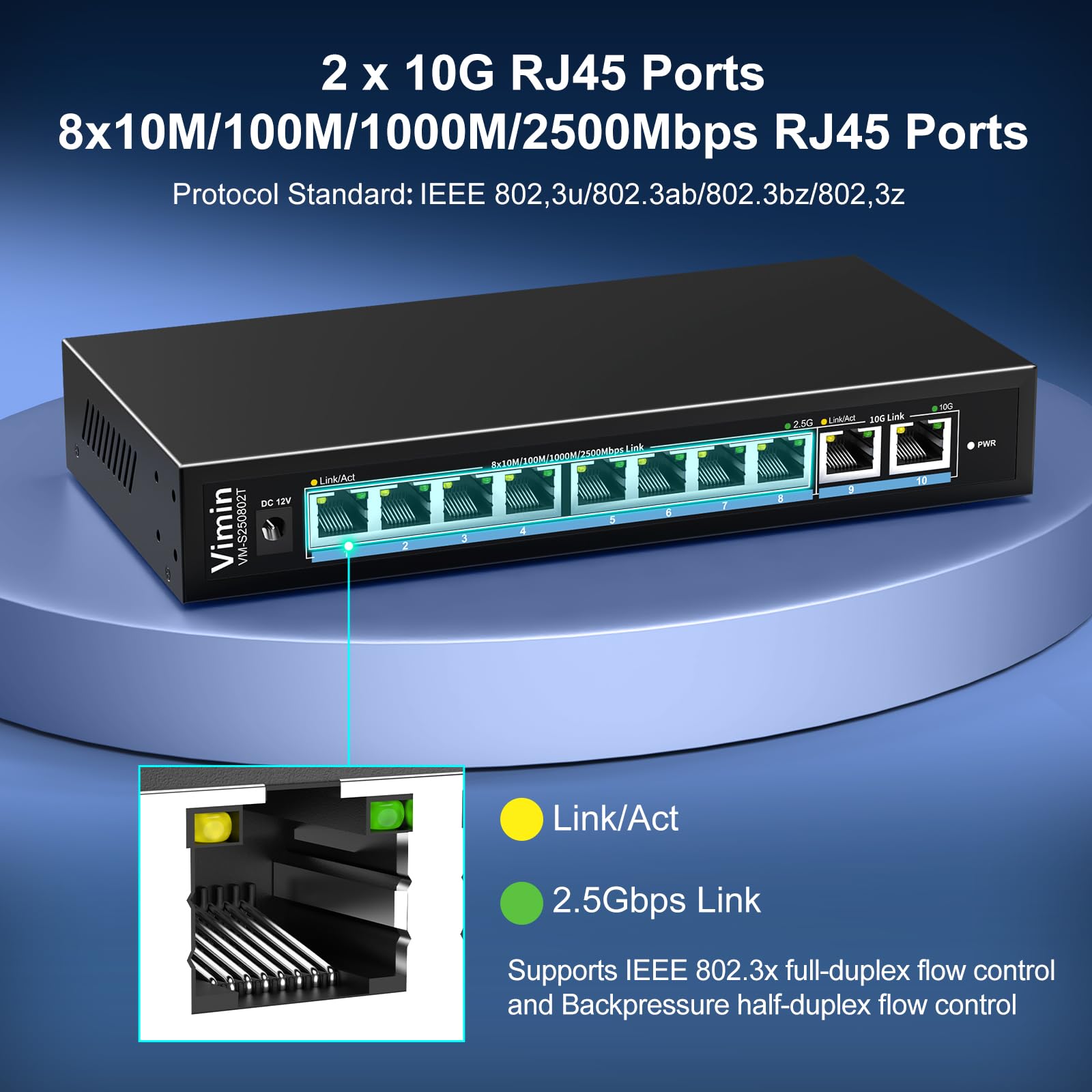 10 Port 10G/2.5G Ethernet-Switch mit Dual 10GBASE-T, Vimin 8x 2.5G + 2 x 10Gb RJ45 Ports Unmanaged Switch, 80 Gbit/s Kapazität, 10G Switch Desktop Wandmontage-Netzwerk-Switch für NAS, PC, Access Point