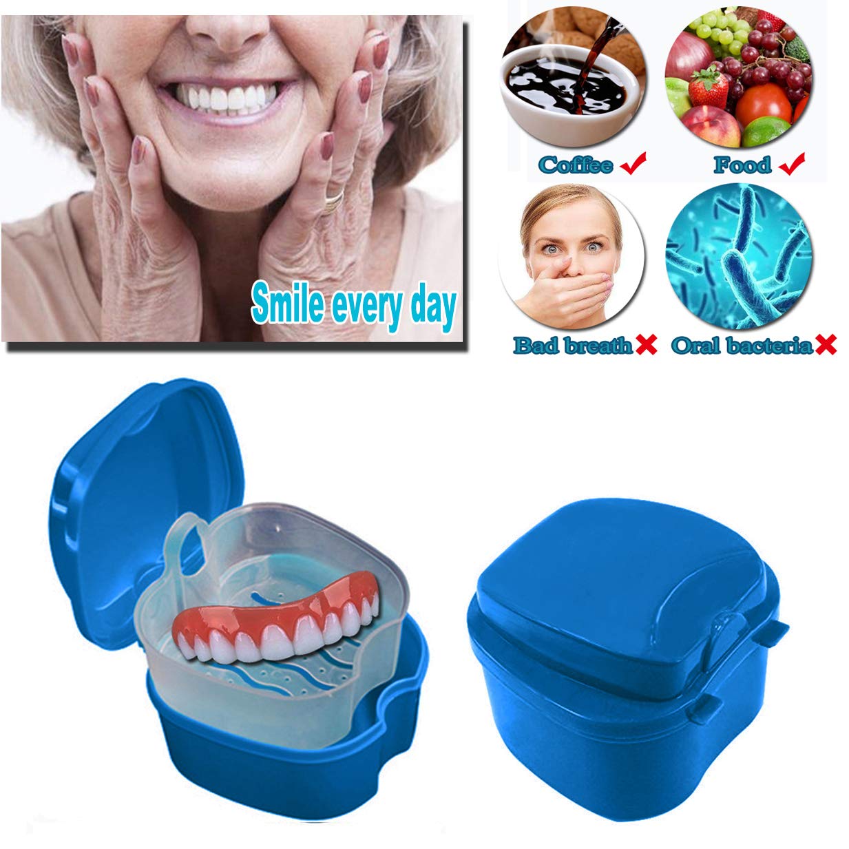 BRMDT Denture Case Bath Cups Denture Brushes 4Pcs, Denture Holder Brace Container with Soaking Strainer Basket For Daily Cleaning Home Office and Travel : Health & Household