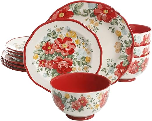 12-Piece Dinnerware Set，Vintage Floral (Color : Red)
