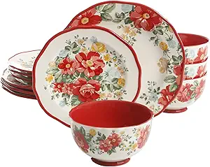 12-Piece Dinnerware Set，Vintage Floral (Color : Red)