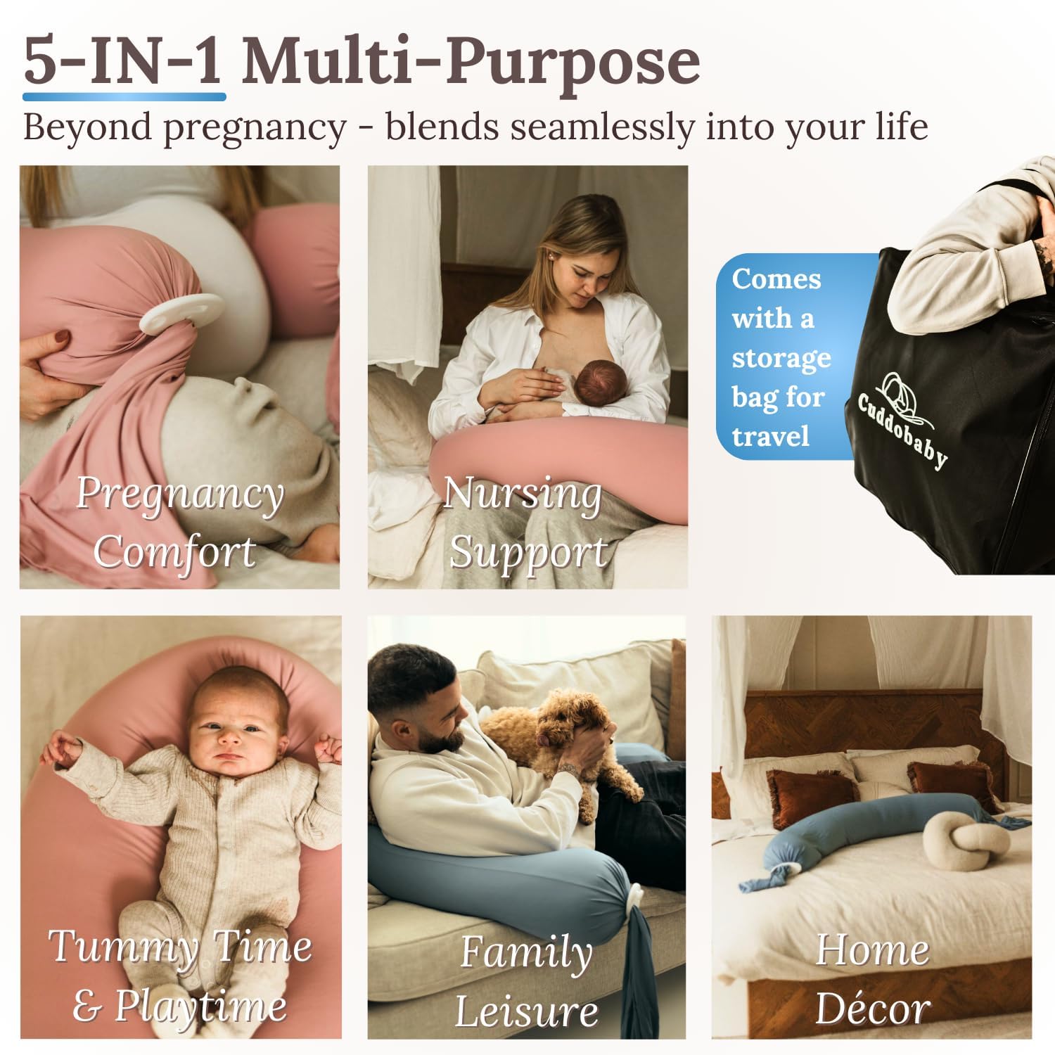 Pregnancy Pillow 5-in-1 |Adjustable Shape, Cooling Fabric| Beanbag Style Microbead, O-Shape for Nursing, 5-Point Full Body Support for Side Sleepers, Gift for Women, with Travel Bag - Blue