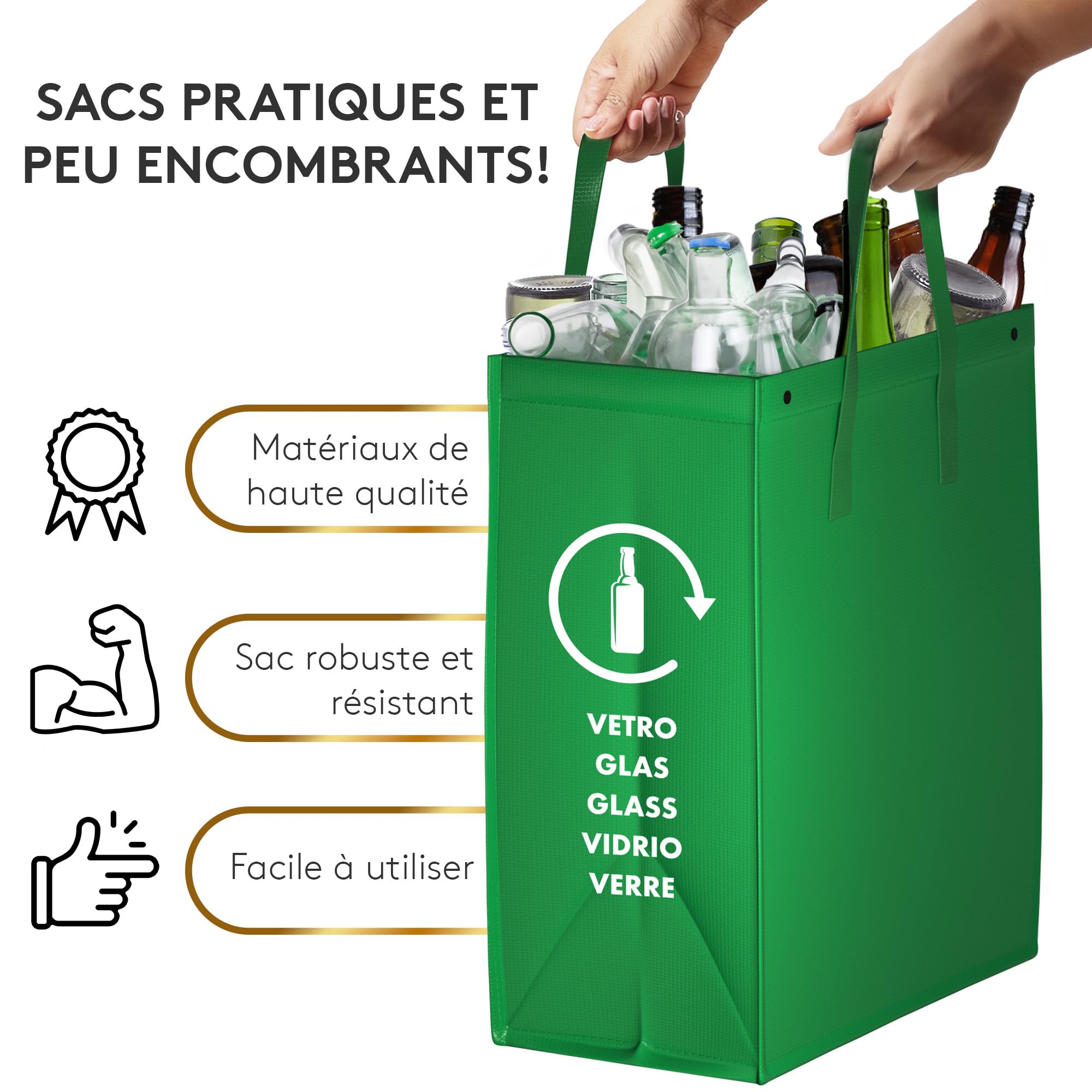 Sac tri selectif - Poubelle tri selectif 3 bac pour le verre, le papier et le plastique - flexible poubelle de tri avec poignée - bac de tri pour déchets et recyclage