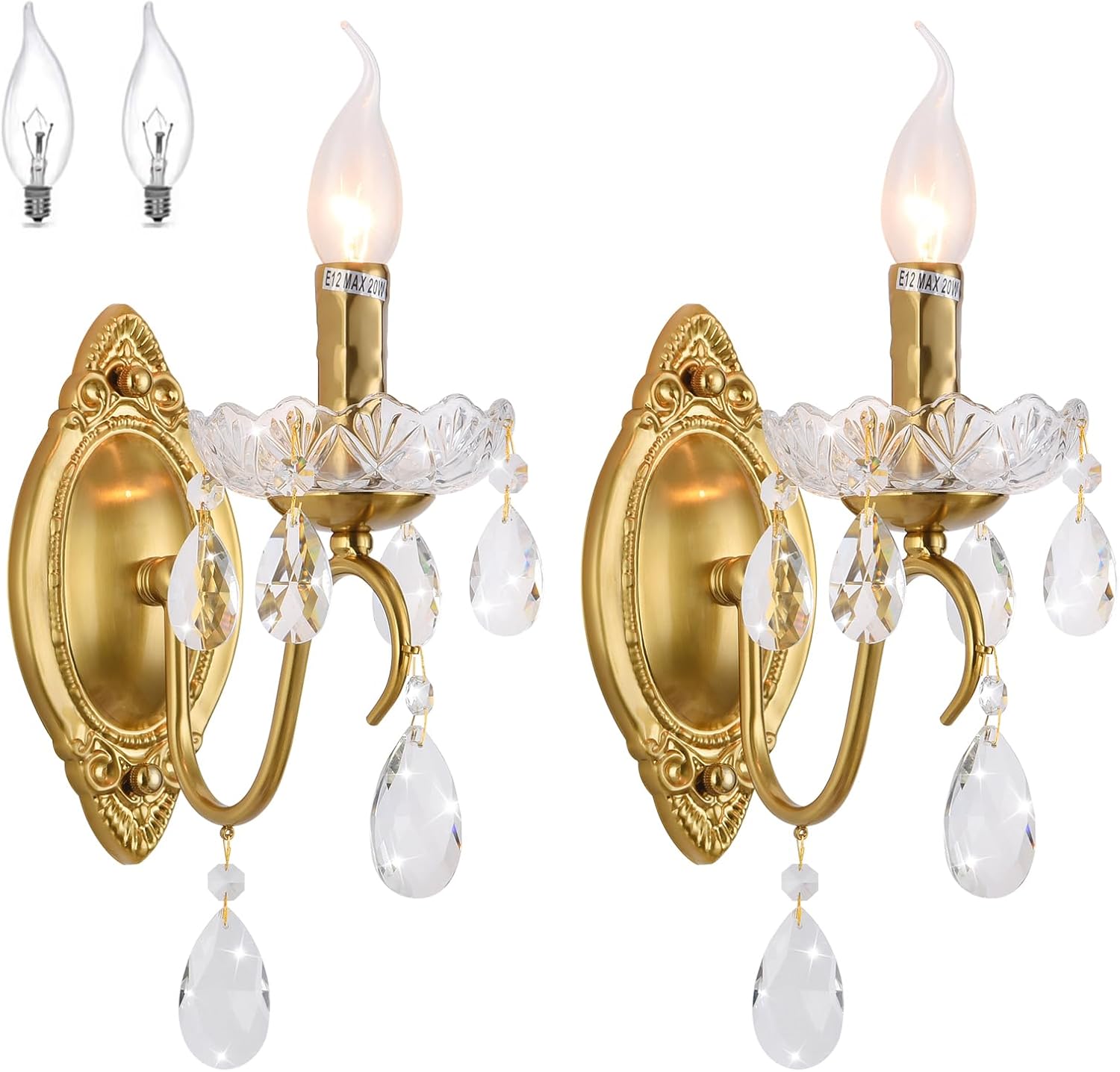 Crystal Wall sconces Set of Two, Gold sconces Wall Set of 2, Vintage Crystal Wall Light, Candelabra Wall Sconce Light Fixture, Gold Brass Finish, 1-Light with Glass Drops