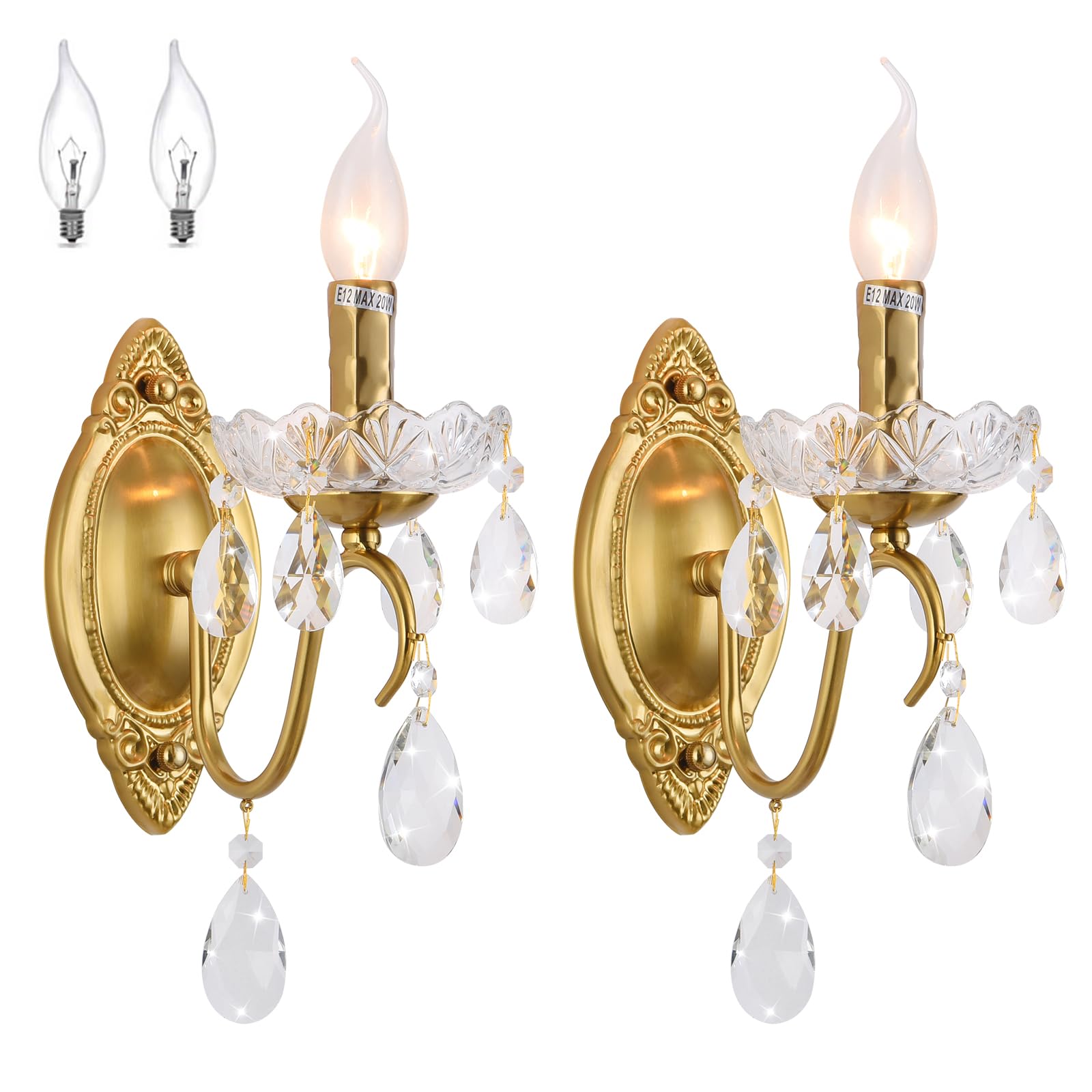 Crystal Wall sconces Set of Two, Gold sconces Wall Set of 2, Vintage Crystal Wall Light, Candelabra Wall Sconce Light Fixture, Gold Brass Finish, 1-Light with Glass Drops