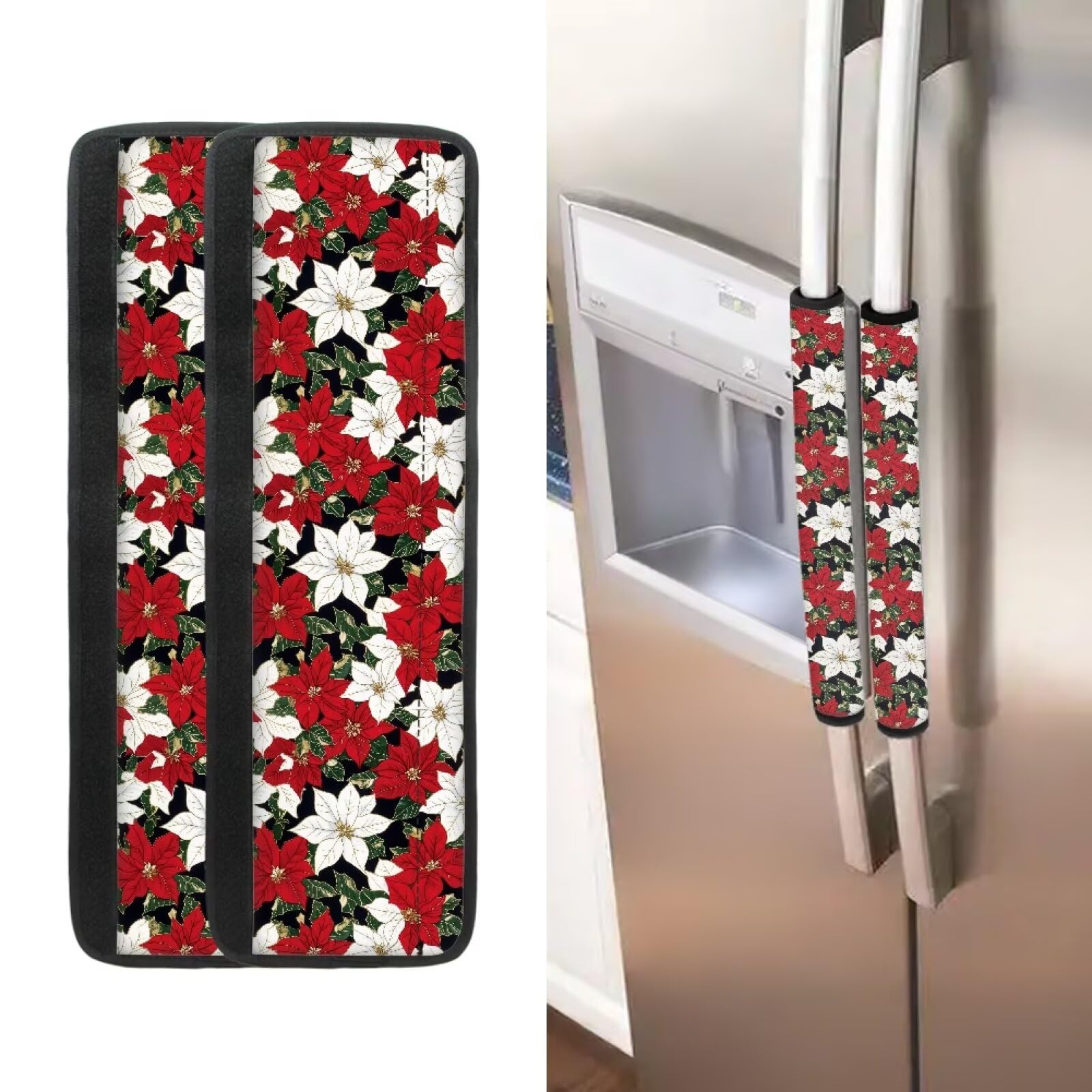 GLENLCWE Christmas Poinsettia Refrigerator Door Handle Covers Washable Without Cracking or Fading Christmas Decorations,Stylish Kitchen Decor,Keep Your Kitchen Appliance Clean