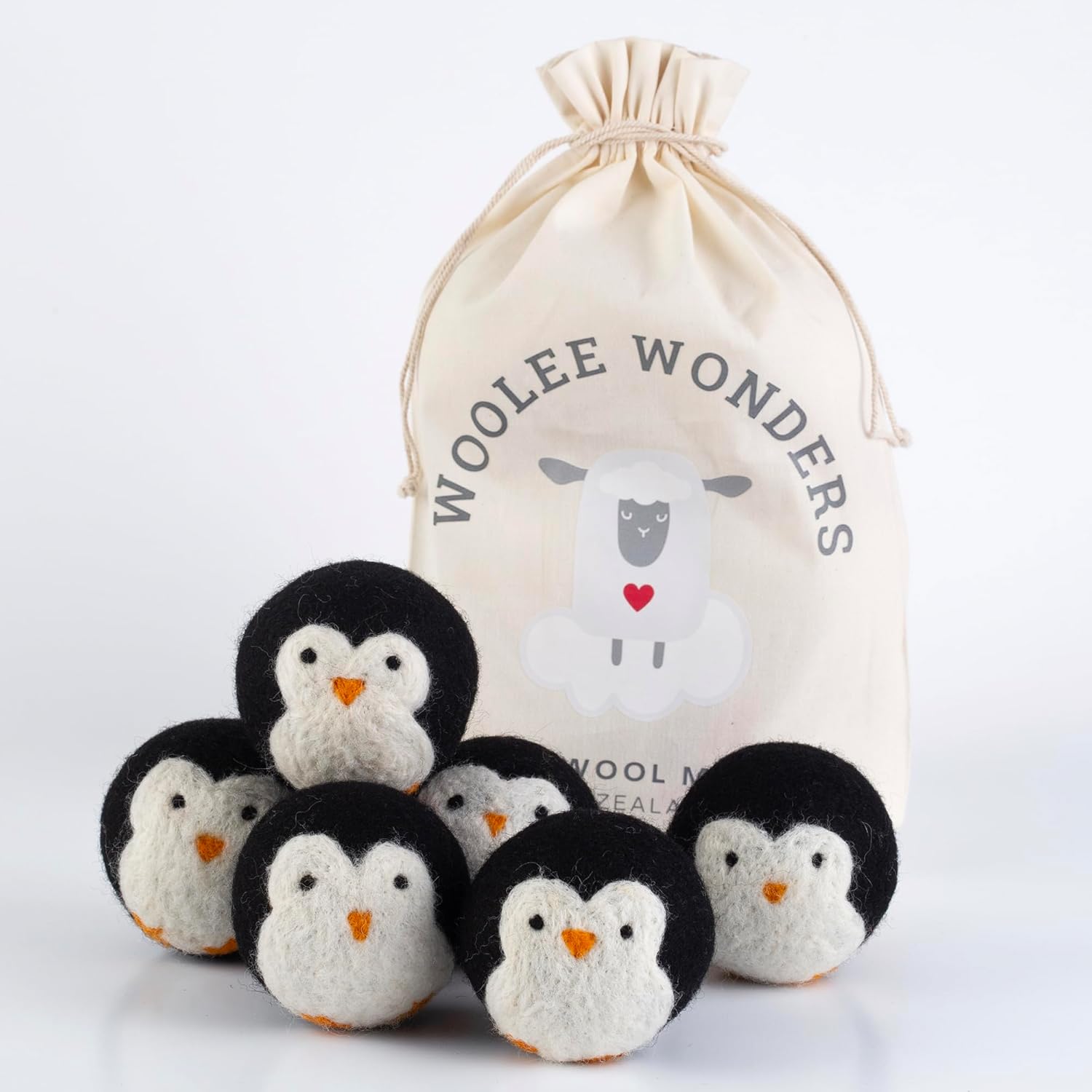 6-Pack XL Organic Wool Dryer Balls - 100% New Zealand Wool, Reuse for 1000 Loads, Fair Trade, Handmade in Nepal, Dryer Balls Laundry Reusable, Penguins Dryer Ball Set, Mesh Laundry Bag