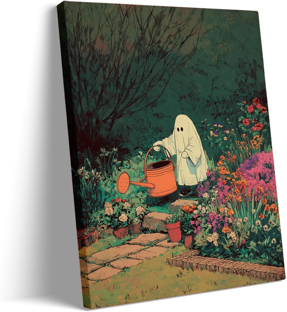 Cute Ghost Garden Wall Art – Whimsical Halloween Poster of Watering Flowers, Peaceful Canvas Print for Botanical Decor or Cozy Living Room Aesthetic 12x16in Frame wall art