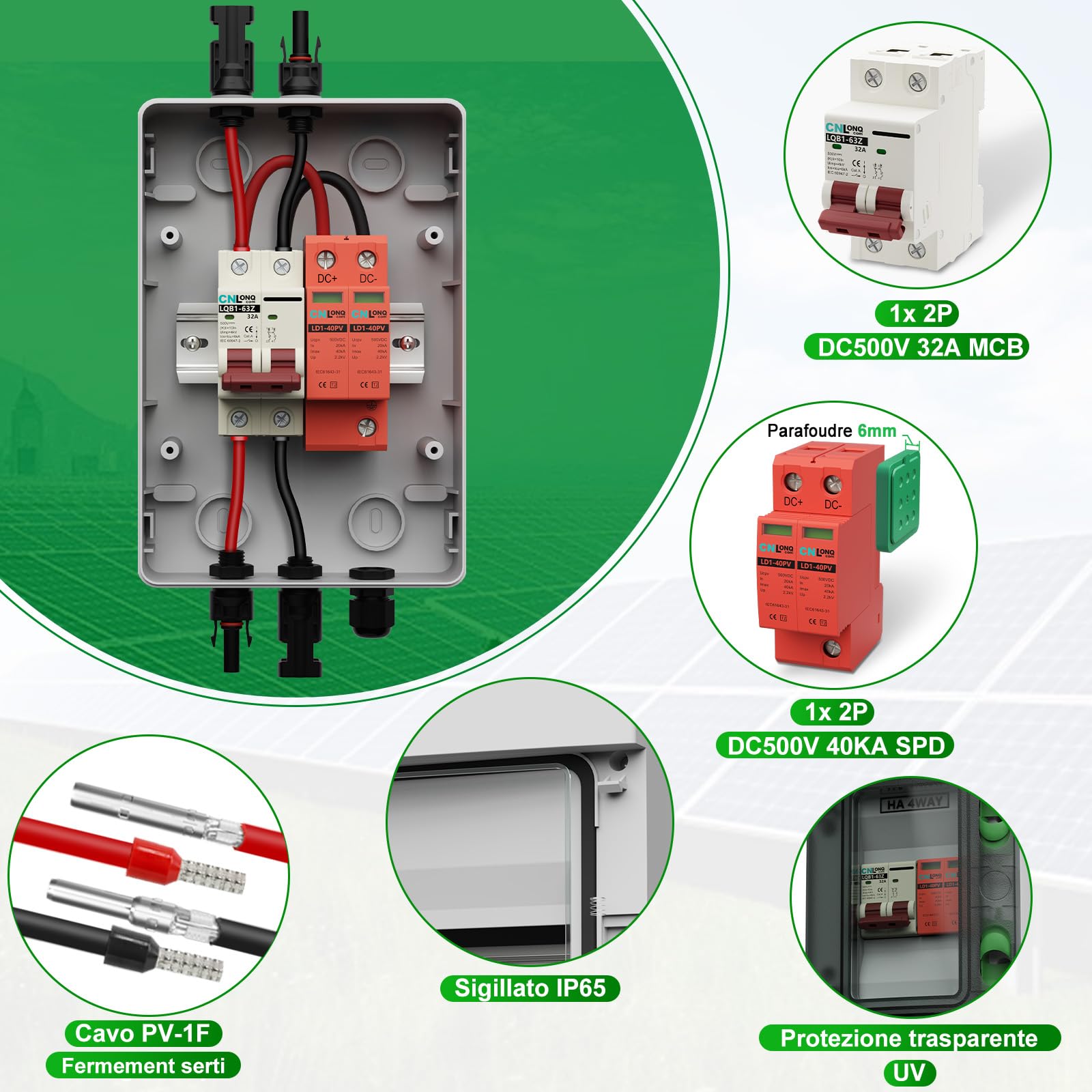 Protezione da Sovratensione Solare PV DC500V 32A Interruttore Magnetotermico 1 ingressi 1 uscite e Scaricatore di Sovratensione con Scatola di Giunzione Impermeabile IP65