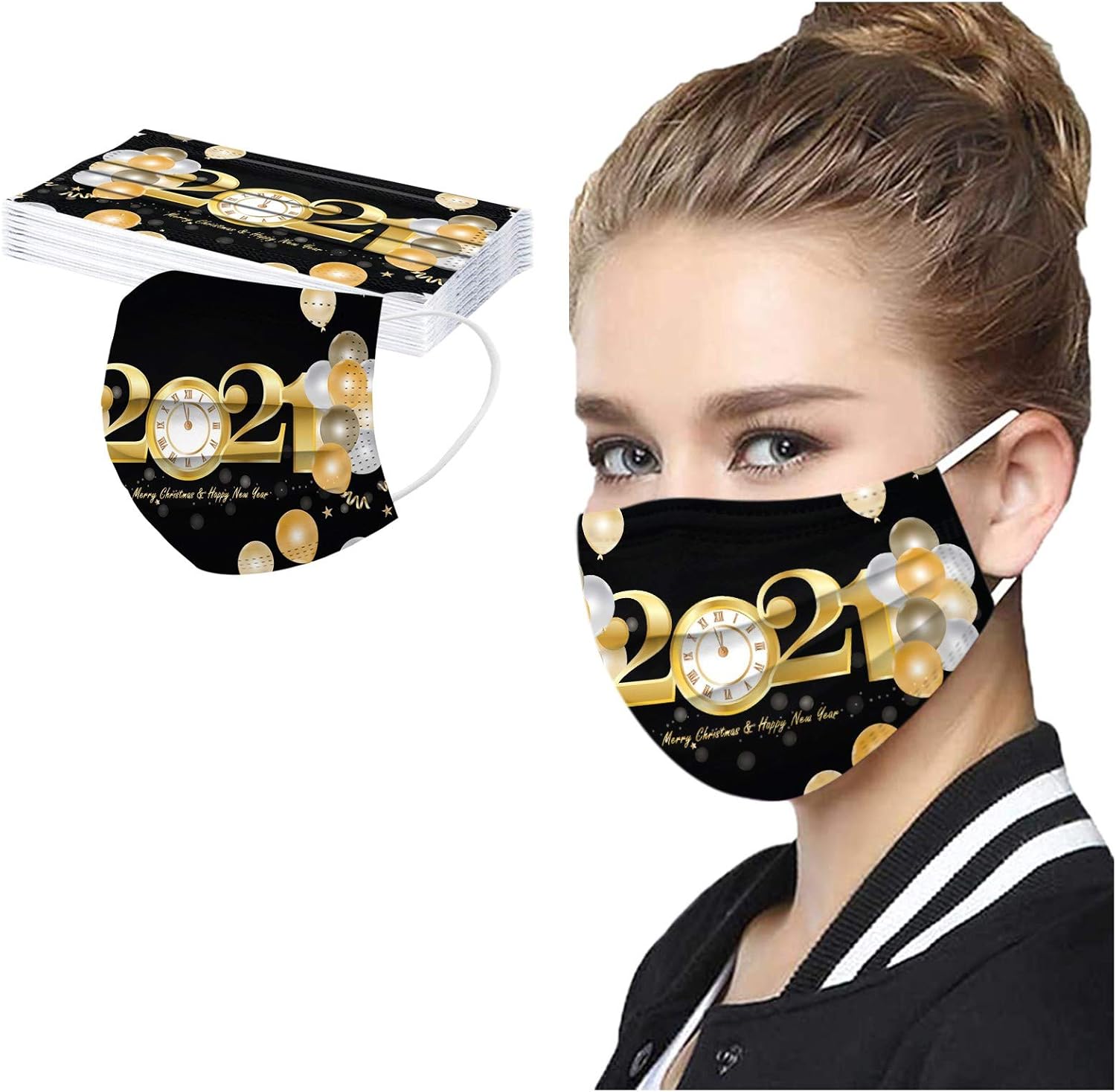 10PC Adults New Years Printed Disposable Face_Mask 3Ply Breathable Face Bandanas Outdoor Work