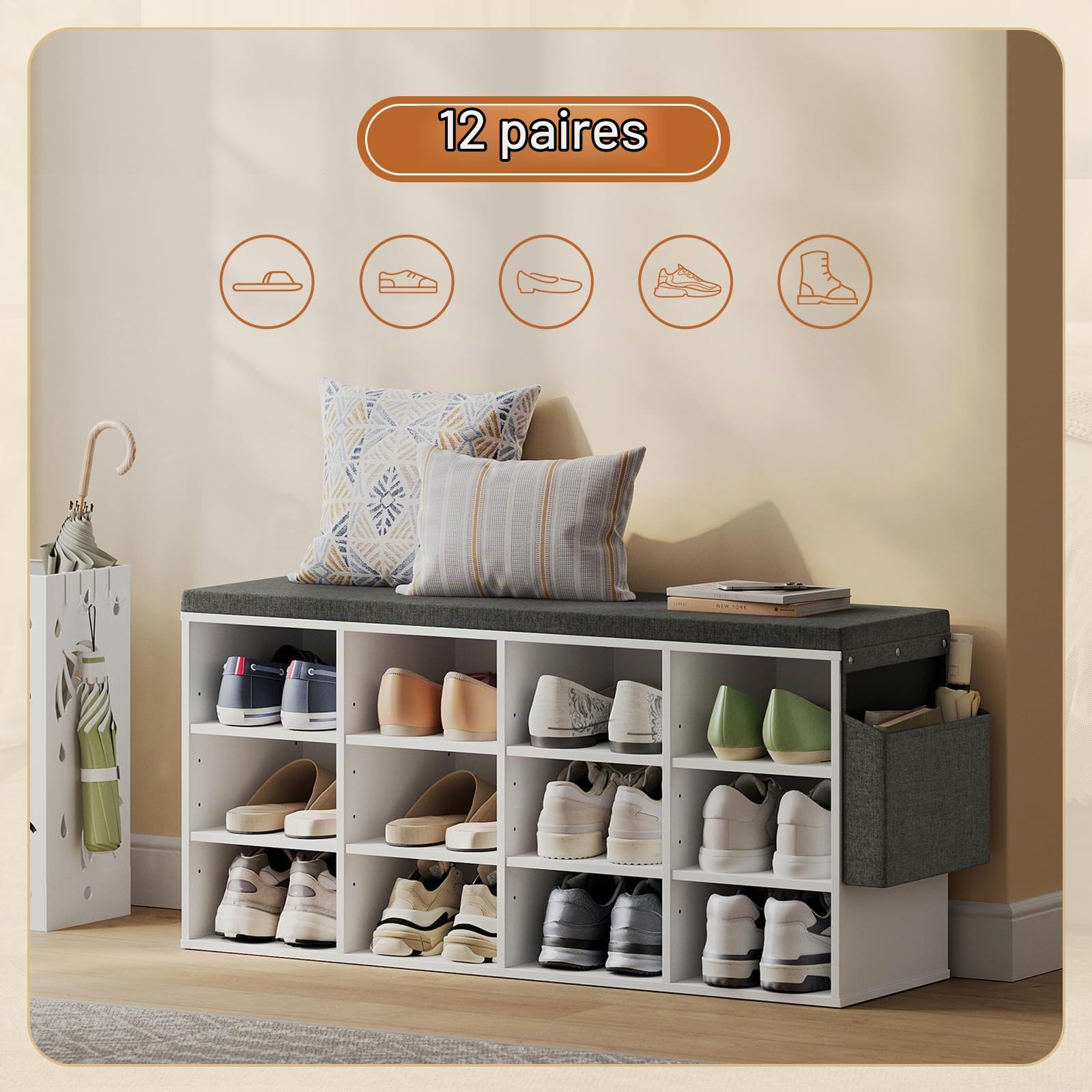 WOLTU Banc de Rangement à Chaussures, Meuble d’Entrée pour Chaussures, Étagère Autoportante à 12 Compartiments en Panneau Aggloméré avec Coussin en Tissu Gris, Blanc, 102x30x48,5 cm