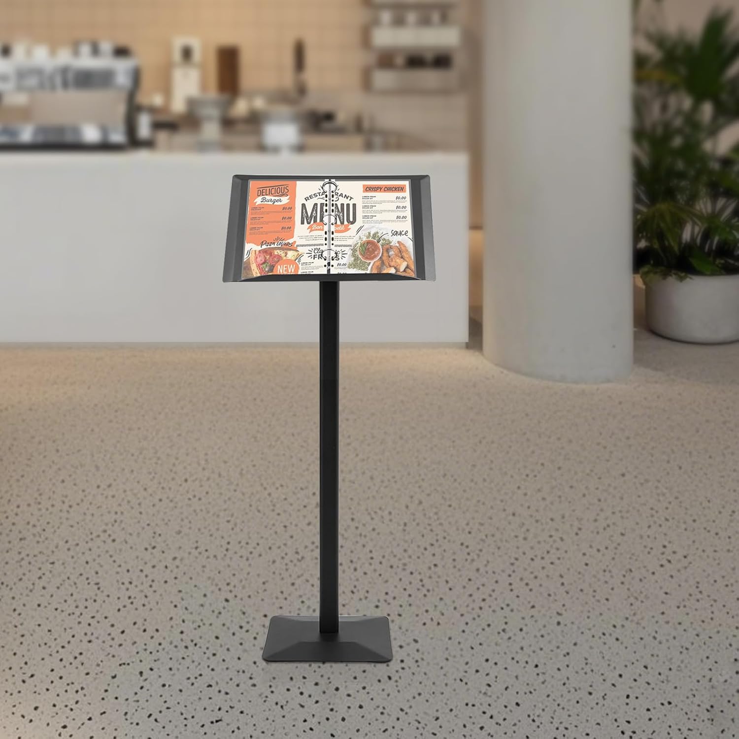 Vertical Flip Menu Stand with Removable Ring Binder,Floor Standing Sign Holder with Weighted Base,Documents,Restaurants,Music Sheets, Black Metal Sign Display Pedestal with Anti-Slip Base