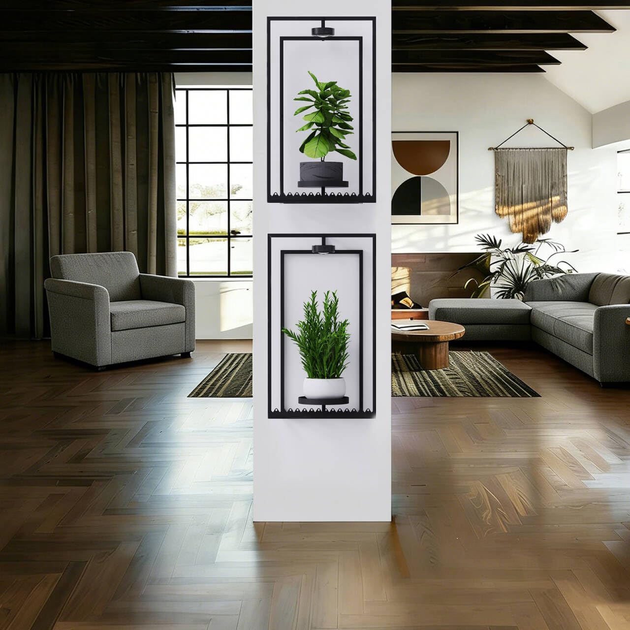 Starxing Pflanzenständer Pflanzenhalter Wand 2 Set, Wandregal für Pflanzen mit Metallrahmen und Fernbedienung, Bilderrahmendeko Blumentopf Wandhalterung mit Wachstumslicht für Wohnzimmer (2, Groß)