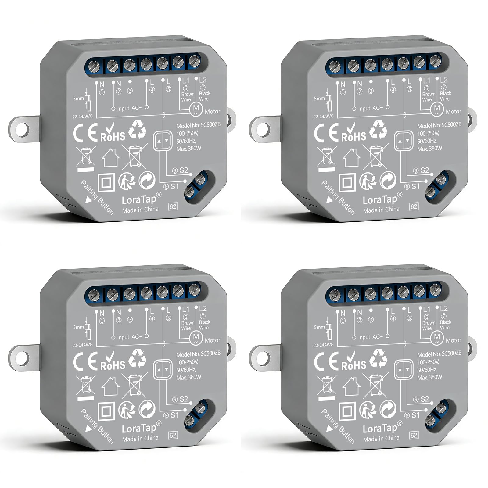LoraTap Interruptor ZigBee de 4 unidades para persianas - Control de hogar inteligente para persianas y cortinas de 380W, compatible con Alexa, requiere hub