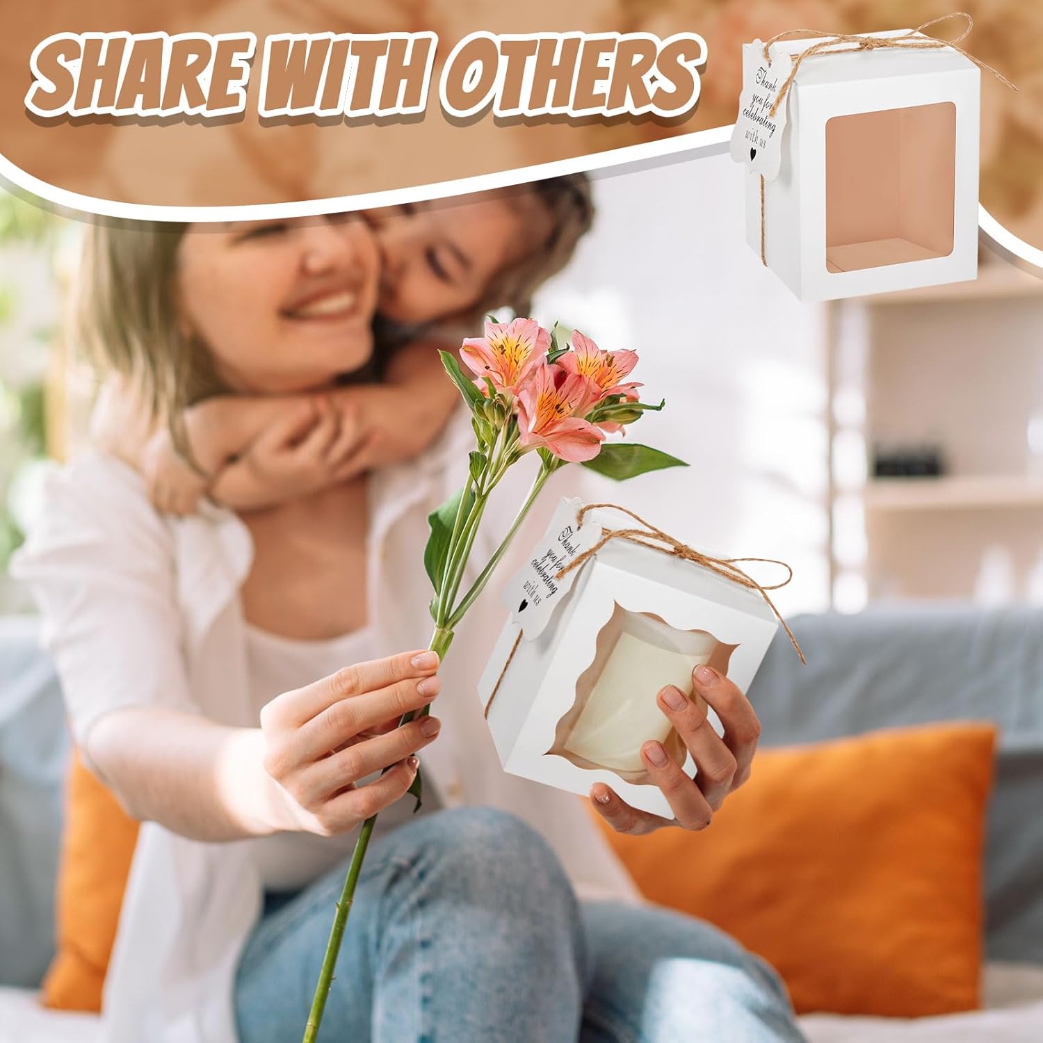 ReliThick 50 Set Candle Gift Box Transparent Gift Packaging for 4-10 oz Candles 50 Paper Thank You Tag for Wedding Birthday Baby Shower Party Favor, 3.35x3.35x3.94 in(White,Square)