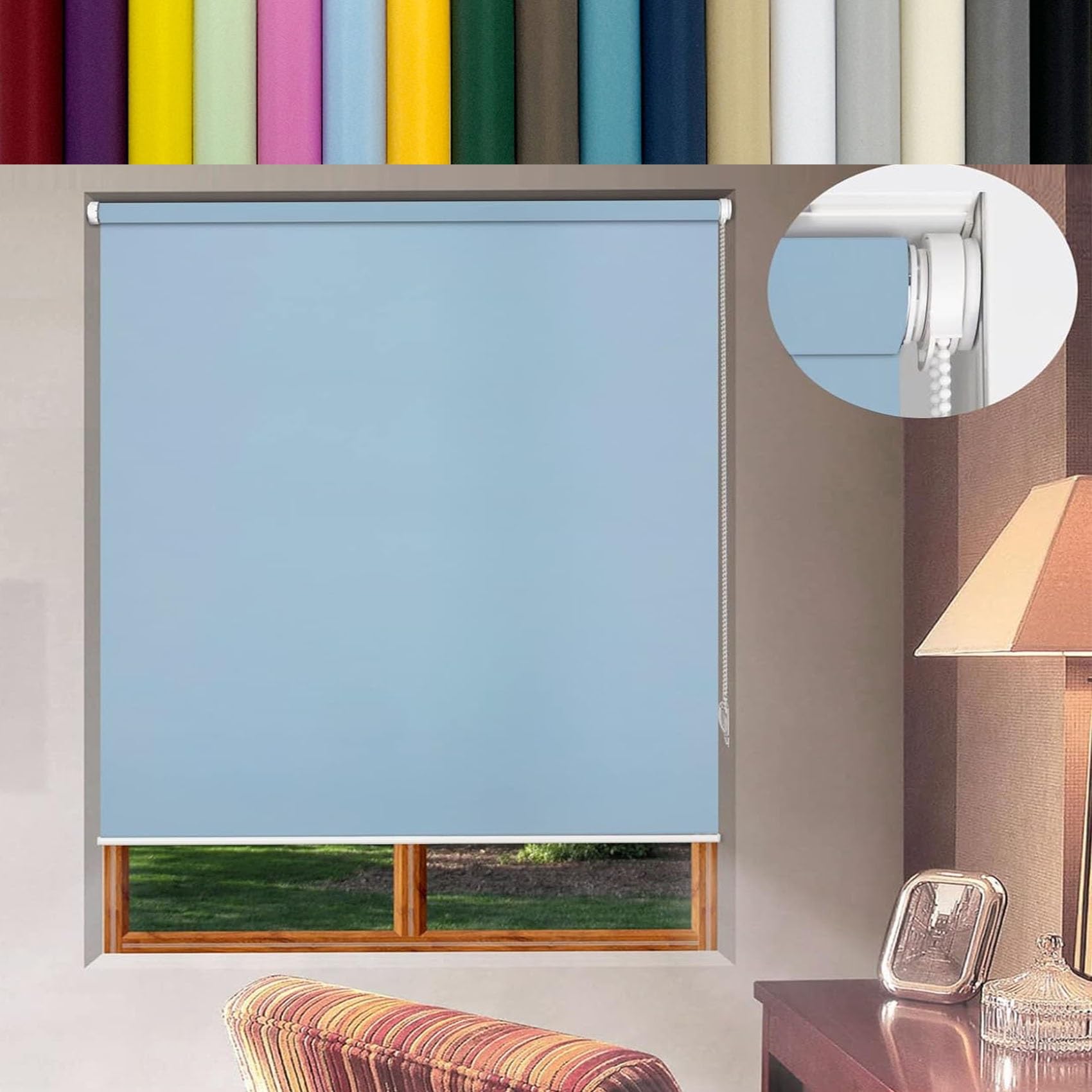 Tende a Rullo Per Interni Rullo Klemmfix 55 x 70 cm Facile Fissaggio a Clip Senza Viti, Tessuto Oscurante Portatile con Supporto Klemmfix per finestre e porte, Blu Cielo