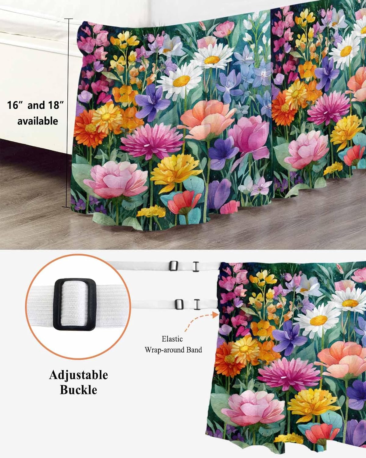 Watercolor Spring Floral Bed Skirt Full/Queen Size Bed Skirting 16 Inch Drop Adjustable Elastic Dust Ruffles Wrap Around Bedskirt Pleated Farmhouse Flowers Colorful Bedding Frame Cover for Dorm