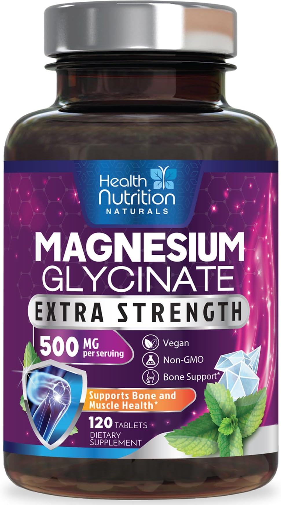 Magnesium Glycinate 425 mg with Calcium - Natural, High Absorption Magnesium Tablets Chelated for Muscle, Nerve, Bone & Heart Health Support - Non-GMO, Gluten Free, Vegan Supplement - 120 Tablets