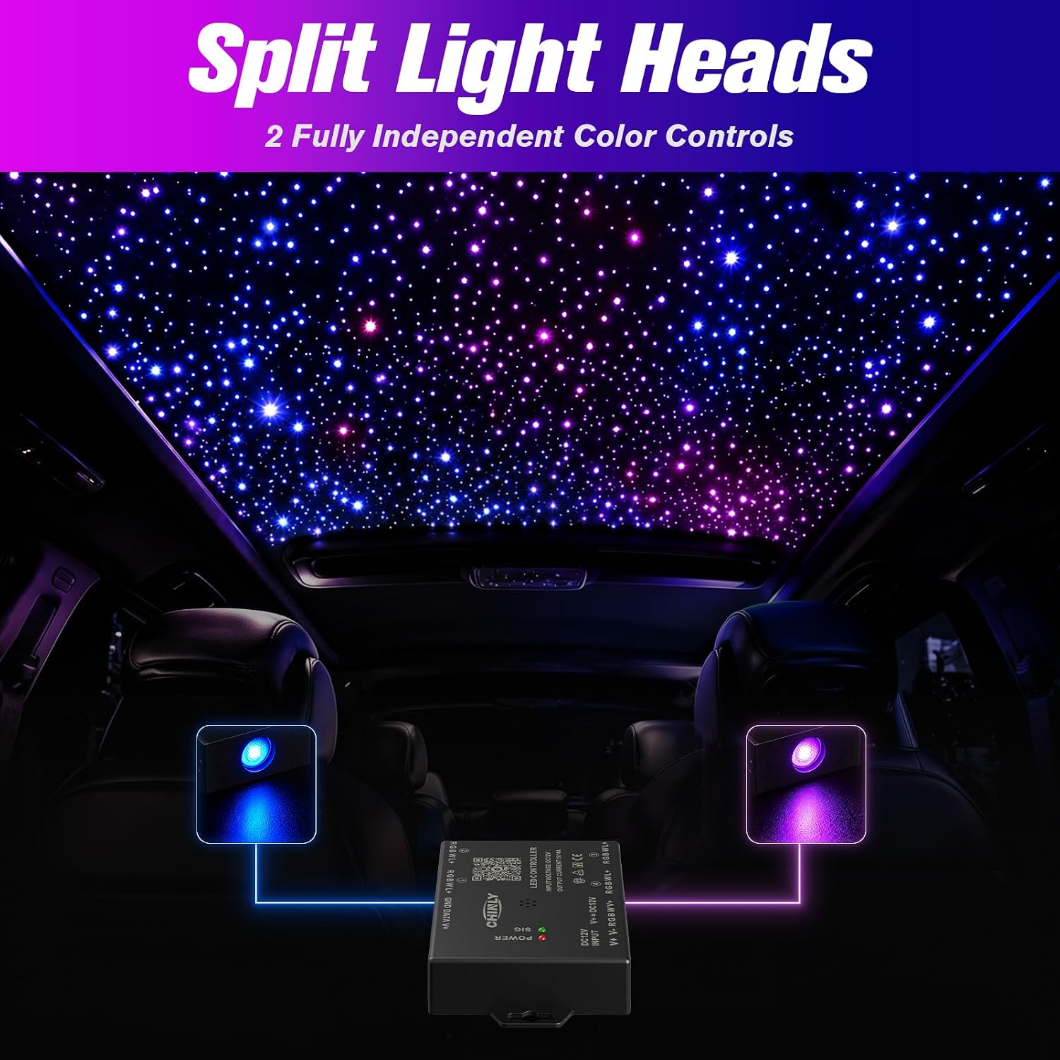 CHINLY 600Pcs Split Starlight Headliner Kit, 2 Light Heads 0.02in 4.92ft RGBW Star Lights for Car, 16W Starlight Kit APP/Remote Control, Flexible Wiring for Car Roof Ceiling