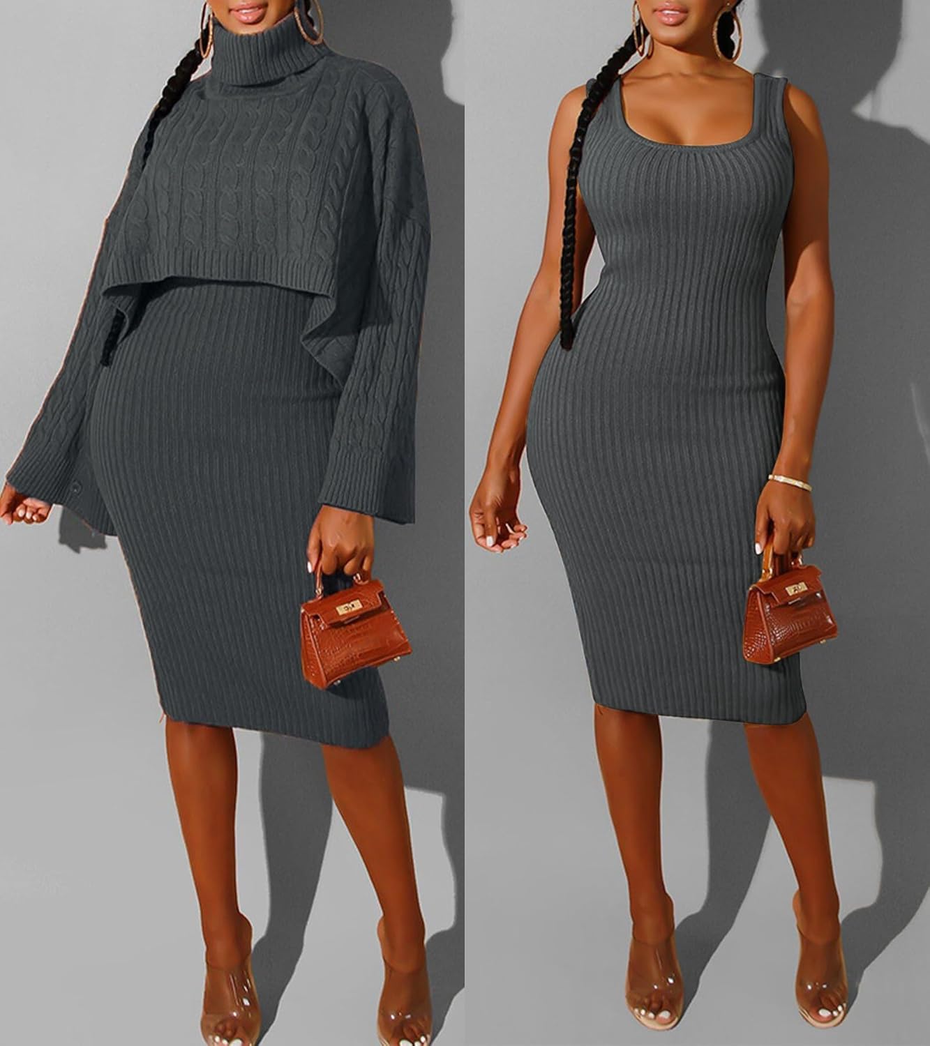 Unybwonn Women's 2 Piece Outfits Sets Knitted Long Sleeve Turtleneck Sweaters Tank Bodycon Midi Dress Set - Image 2