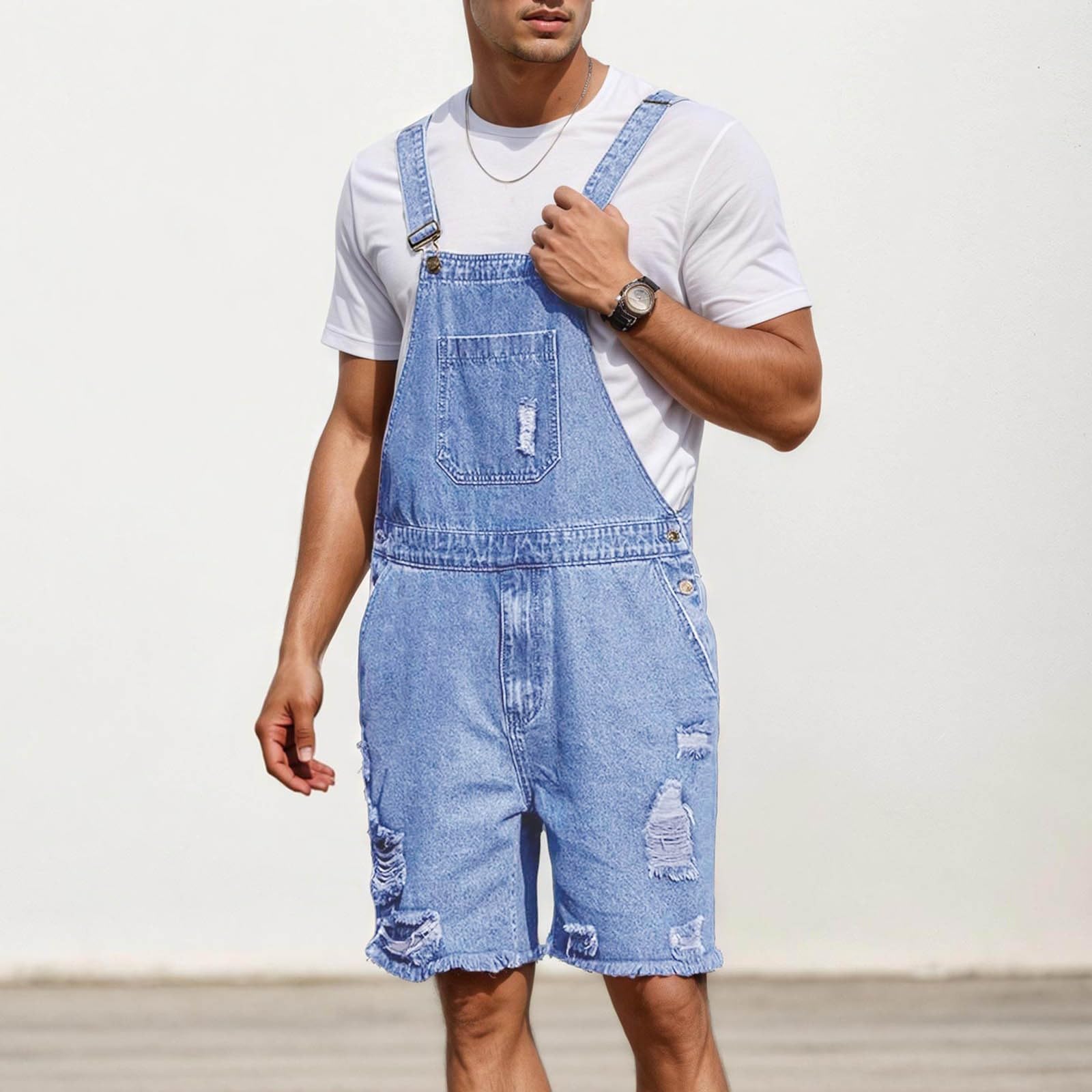Generisch Mono vaquero para hombre, pantalones cortos de verano, ropa de trabajo ajustable, mono vaquero corto, corte holgado, mono de verano con bolsillos, pelele rasgado