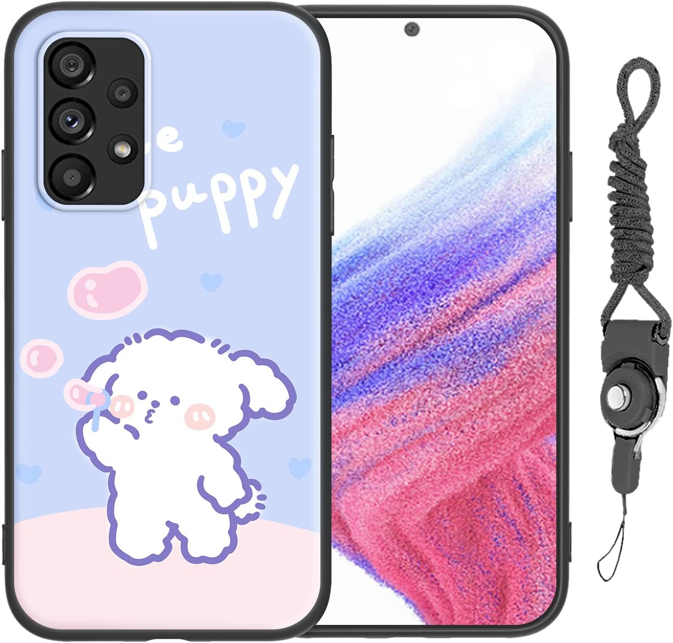 for Samsung Galaxy A53 5G Phone Case, Galaxy A53 5G Case Fun Cute Dog Design Cartoon Animal Style with Strap Lanyard Slim Soft TPU Bumper Shockproof Protective Purple Cover - Cute Puppy image 2