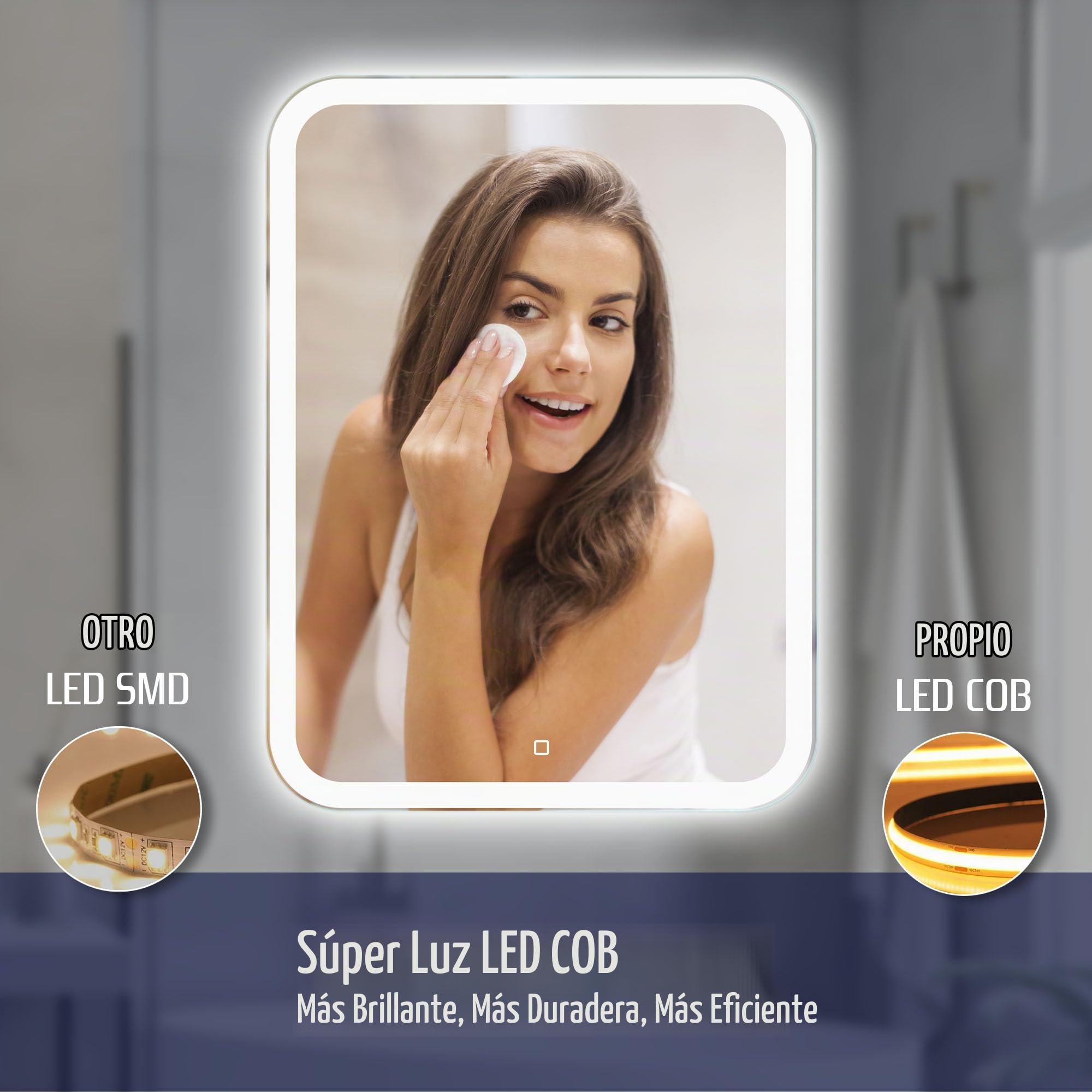 Espejo Baño LED 50 × 70 cm, Iluminación Frontal | Espejo Baño LED, Espejo Baño con Luz, Interruptor Táctil, Regulable, Luz Blanca Neutra