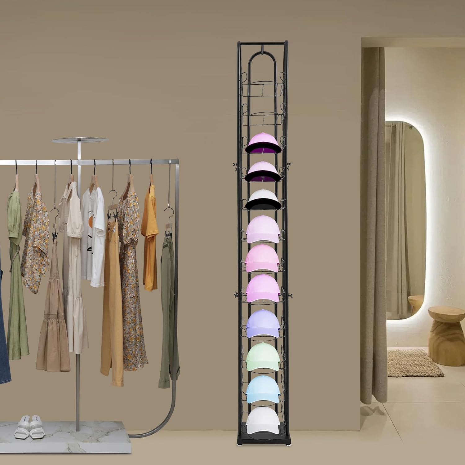 78" Floor Standing Ball Cap Rack and Hat Display Rack,Metal Hat Organizer Rack with 12 Tiered Shelves,Freestanding Hats Stand Tower for Cap Retail Display Storage
