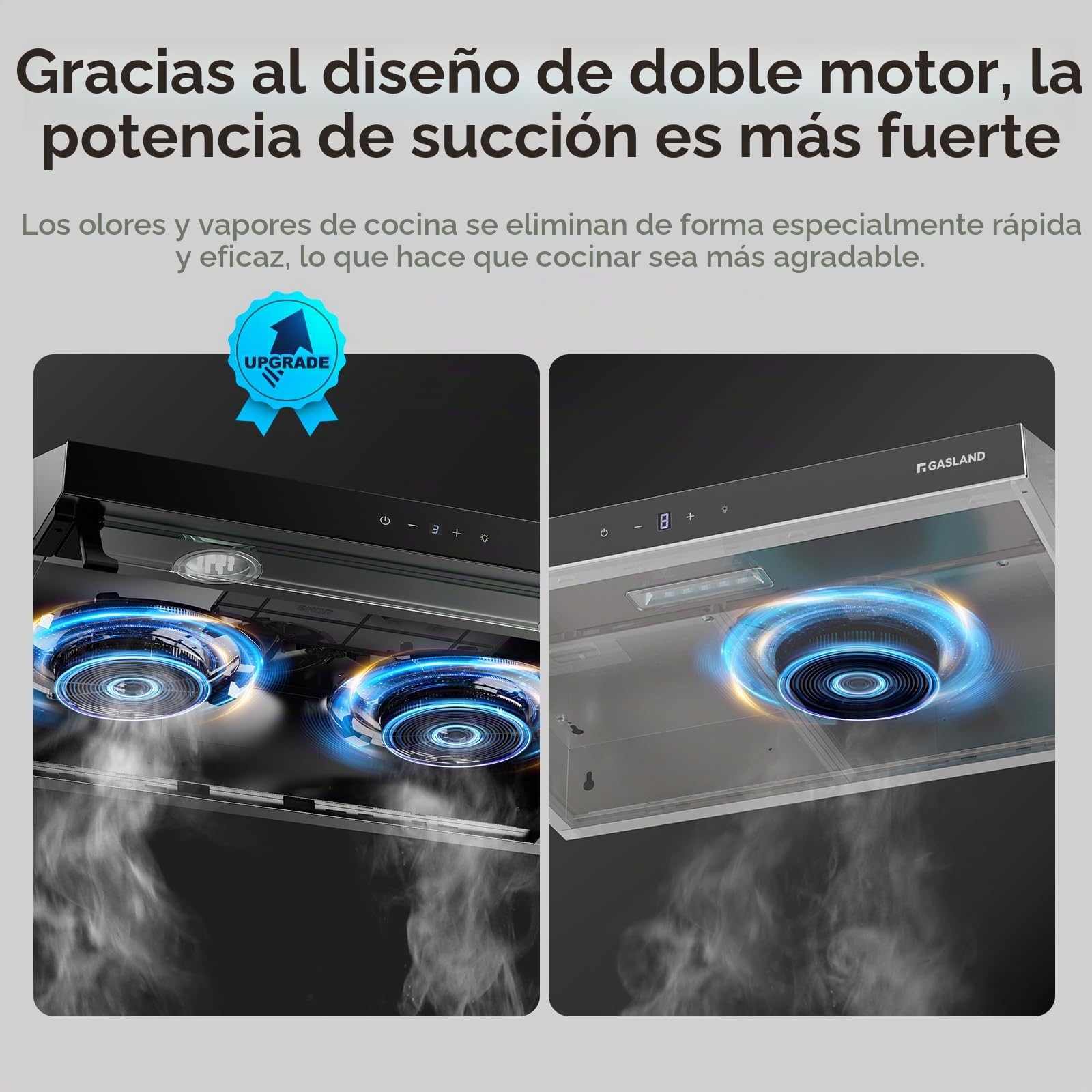 GASLAND UC60BS Campana Extractora de Doble Motor 60 cm, Modo Recirculación, Extracción Silenciosa 333 m³/h, 3 Niveles Control Táctil, Campana de Cocina Suspendida de Metal Negro con Filtro de Carbón