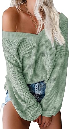 ReachMe Womens Oversized Off The Shoulder Tops Long Sleeve Waffle Knit Shirt Drop Shoulder Sweater Top