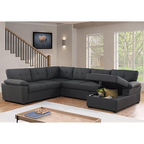 asunflower Sleeper Sofa Pull Out Sectional Couch for Living Room U Shaped Couch Bed with Storage Chaise,118" Oversized Large Sleeper Couches 6-7 Seater Modular Sectional Sofa (Dark Gray)