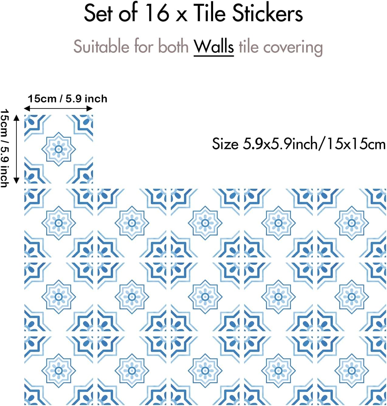 16 Pack,5.9 Inch Scandinavian Geometric Tile Decals, Light Blue Coastal Peel and Stick Vinyl for Backsplash, Stairs & Furniture
