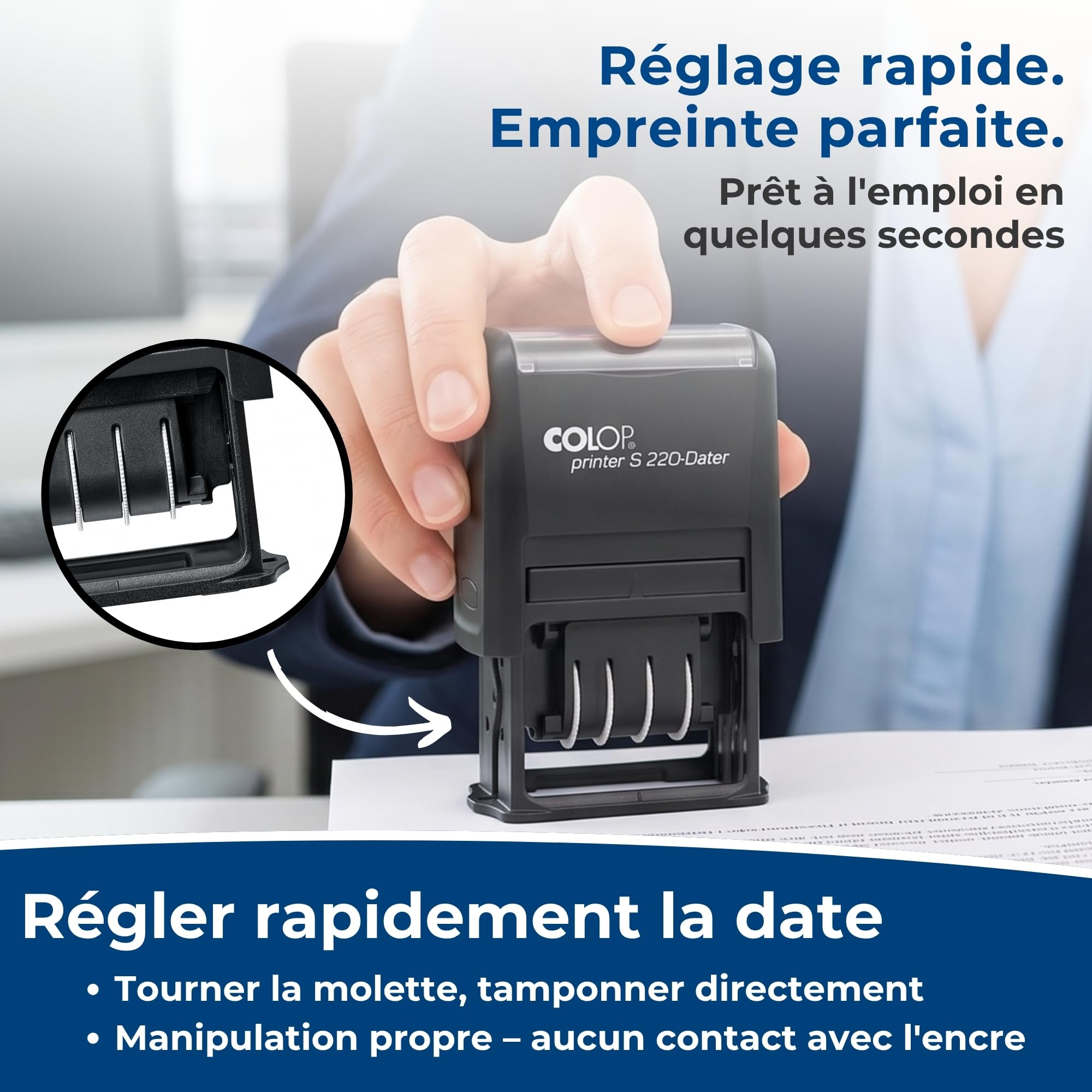 Tampon dateur COLOP Printer S 220 | Date FR | Noir | 12 ans | Mini tampon avec date en français (12 ans) et encre noire. Idéal pour le bureau, le secrétariat et la comptabilité.