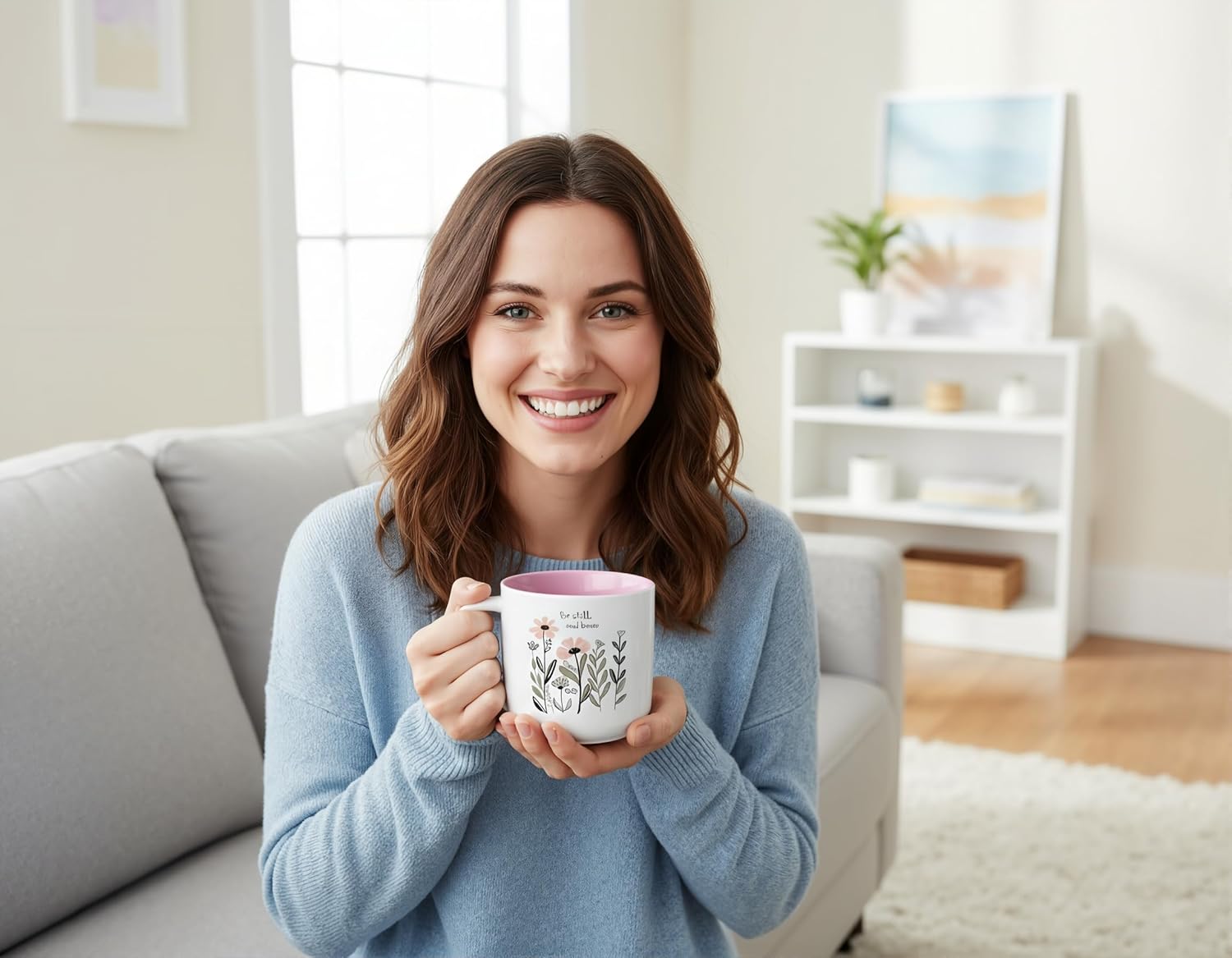 13.5 oz Round Ceramic Mug with Pink Interior, Be Still and Know Psalm 46:10 Text, Double-Sided Print, Microwave Safe, Christian Coffee Cup for Women - Image 4