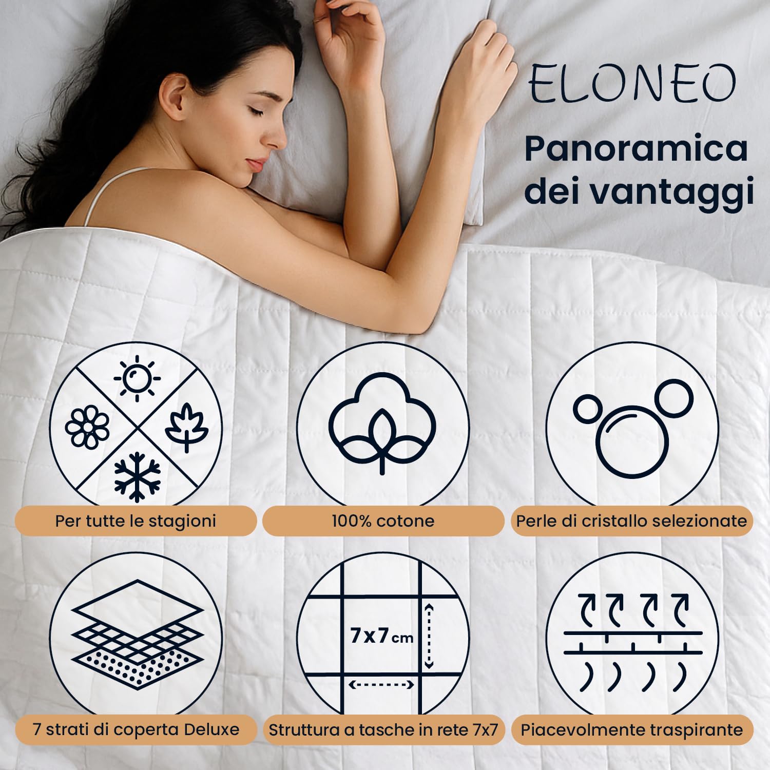 ELONEO Coperta Ponderata 135x200 cm 9 kg, certificata TÜV e Oeko-Tex, Weighted Blanket in 100% cotone, coperta rilassante e terapeutica antistress, coperta pesante per dormire