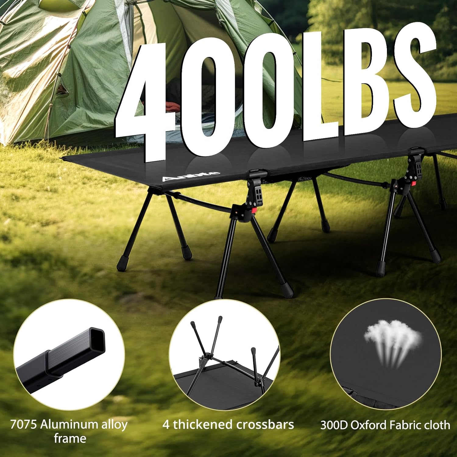 Anbte Height Adjustable Camping Cot with Storage Net & Bag, Support up to 400lbs Comfortable Portable Cots for Adult Folding Bed for Camping Hiking Travel Truck Beach Office Nap, Black
