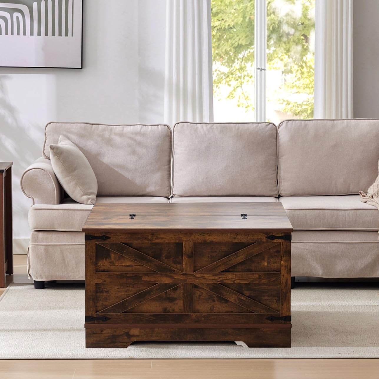 Farmhouse Coffee Table with Large Hidden Storage, Rustic Square Wooden Center Table with Hinged Lift Top, Metal Edges,Brown